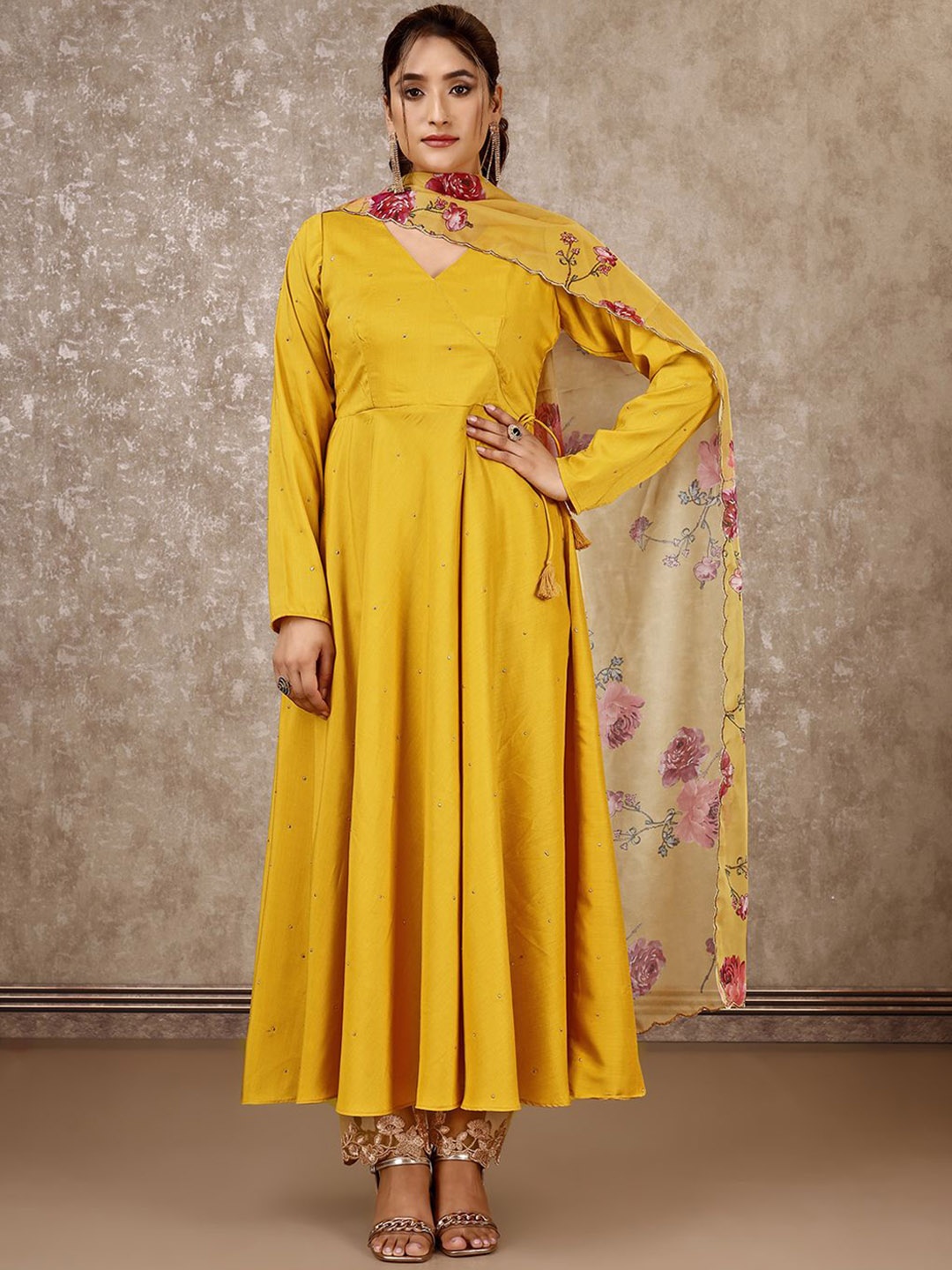 

SANSKAR Women Embroidered Angrakha Mukaish Kurta with Trousers & With Dupatta, Yellow