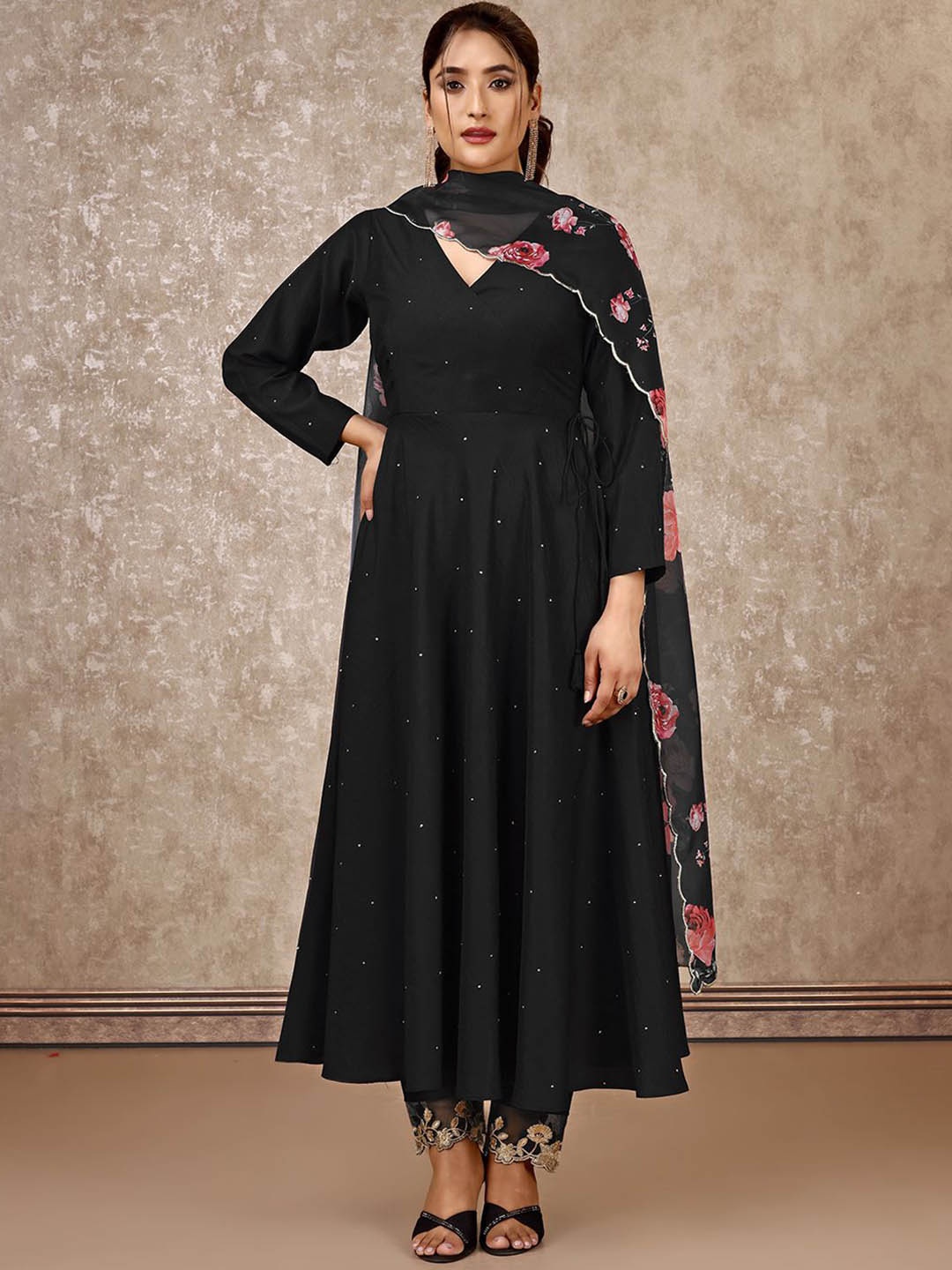 

SANSKAR Women Embroidered Angrakha Mukaish Kurta with Trousers & With Dupatta, Black