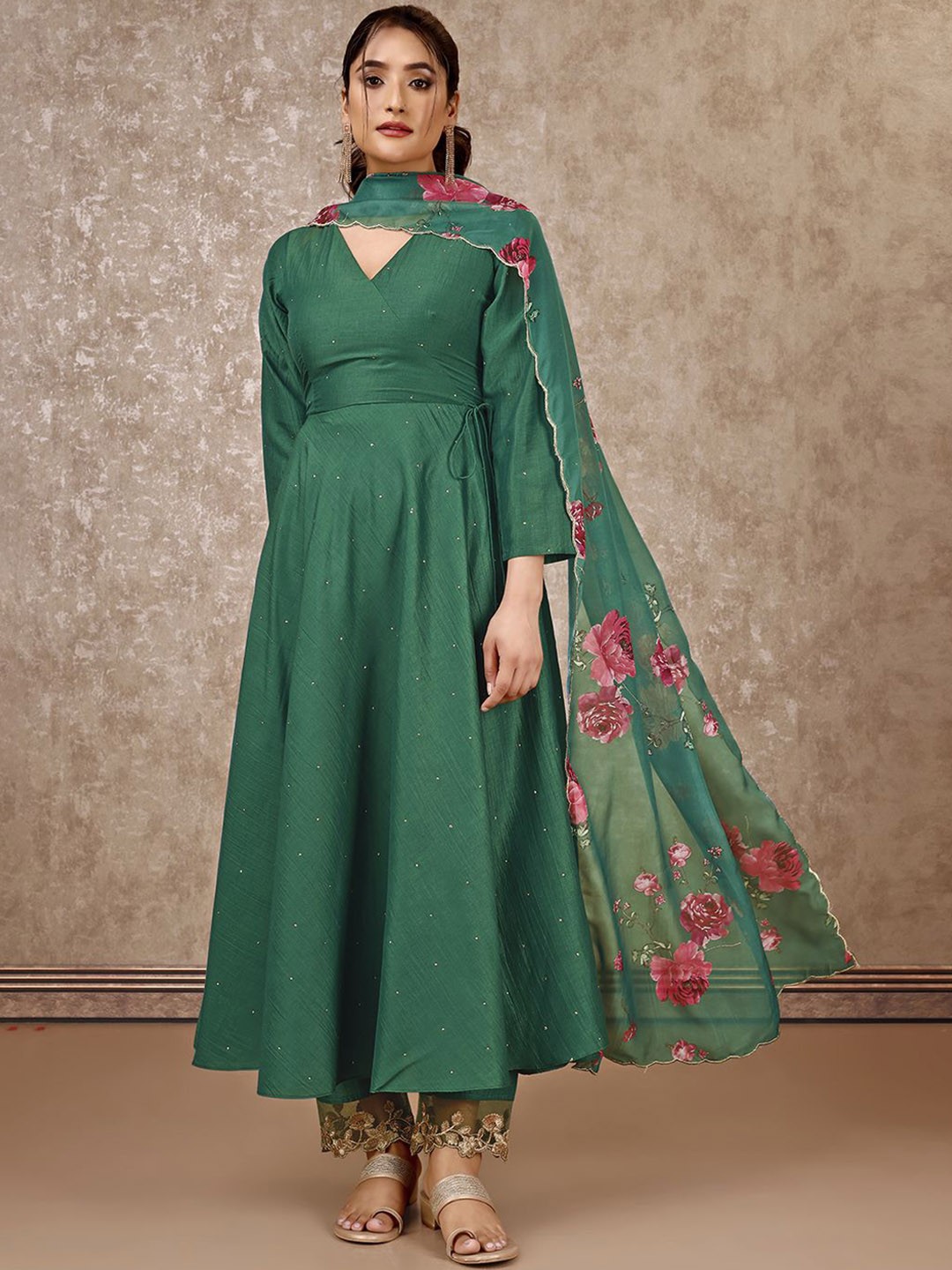 

SANSKAR Women Embroidered Angrakha Sequinned Kurta with Trousers & With Dupatta, Green