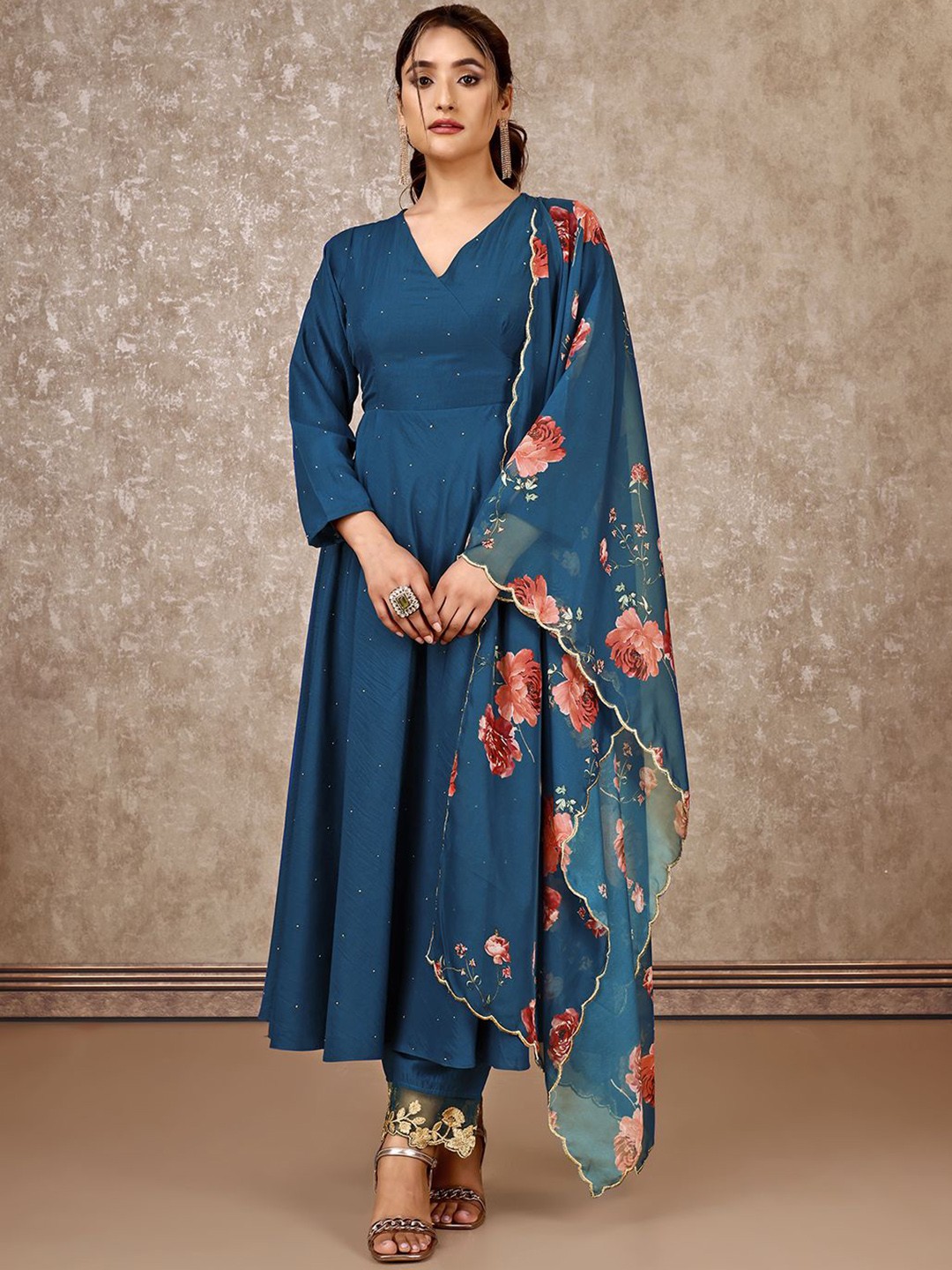 

SANSKAR Women Floral Angrakha Mukaish Kurta with Palazzos & With Dupatta, Blue