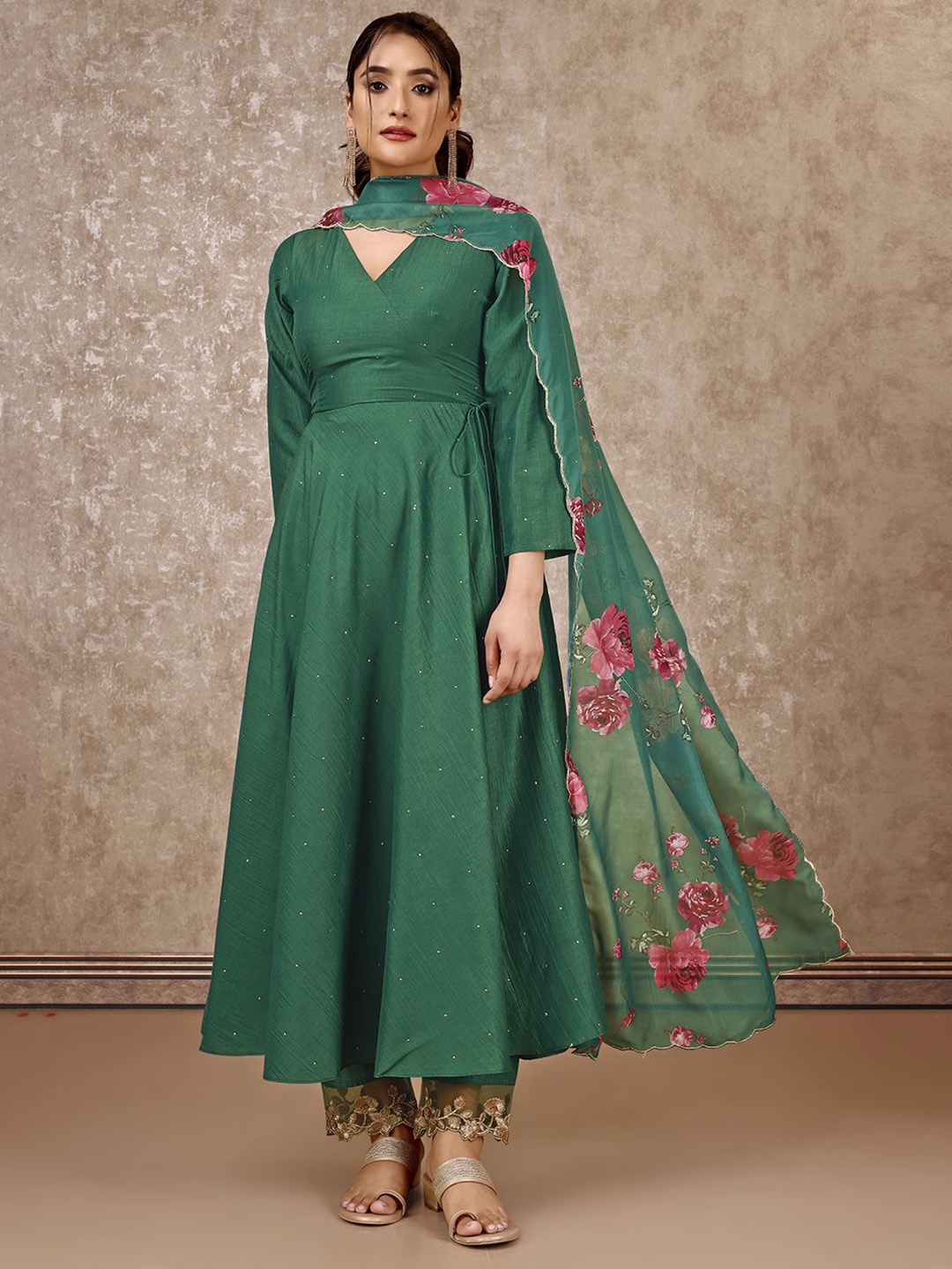 

SANSKAR Women Embroidered Angrakha Mukaish Kurta with Palazzos & With Dupatta, Green