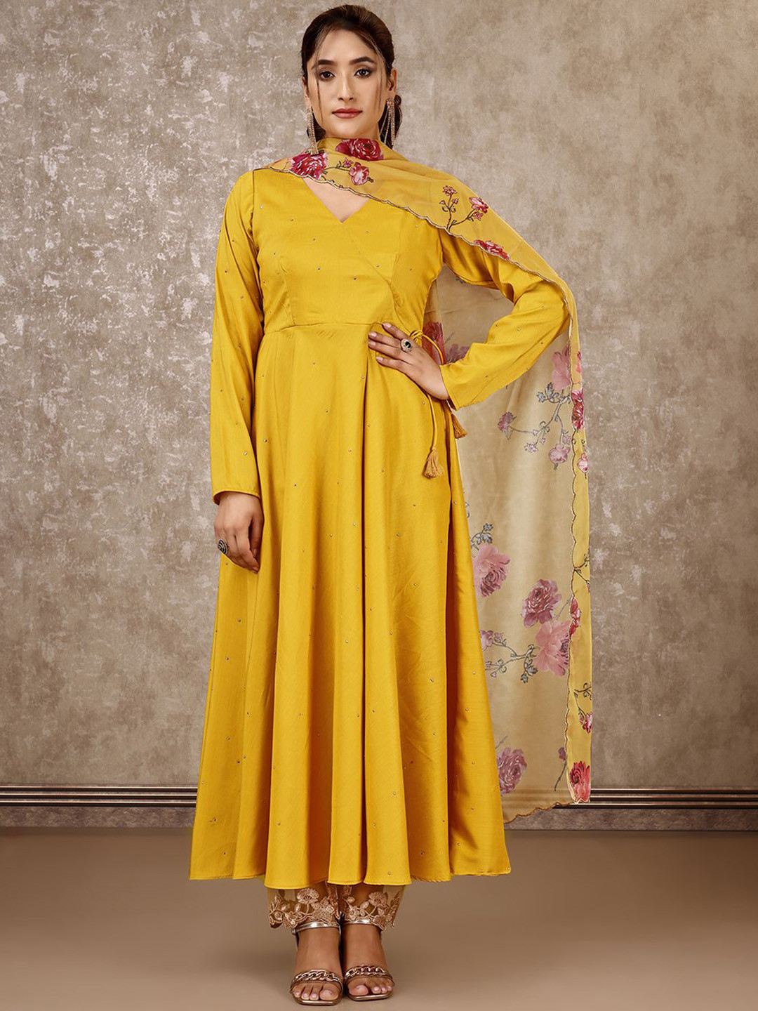 

SANSKAR Women Floral Embroidered Angrakha Mukaish Kurta with Trousers & With Dupatta, Yellow