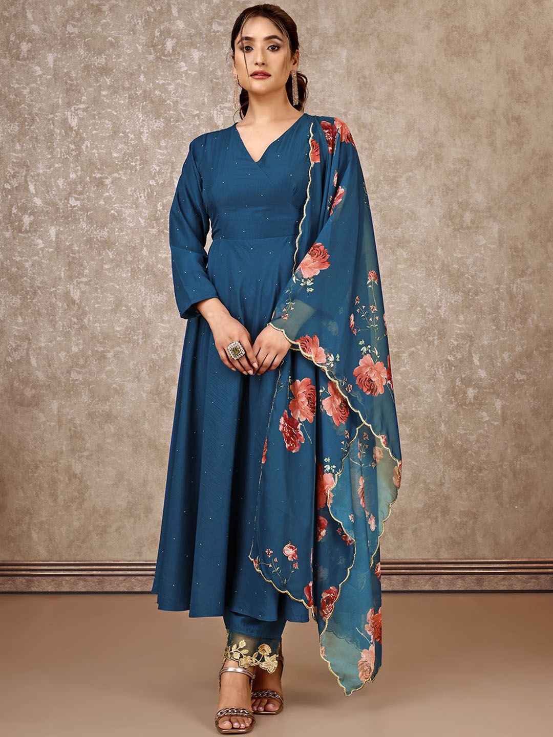 

SANSKAR Women Floral Printed Angrakha Mukaish Kurta with Trousers & With Dupatta, Blue