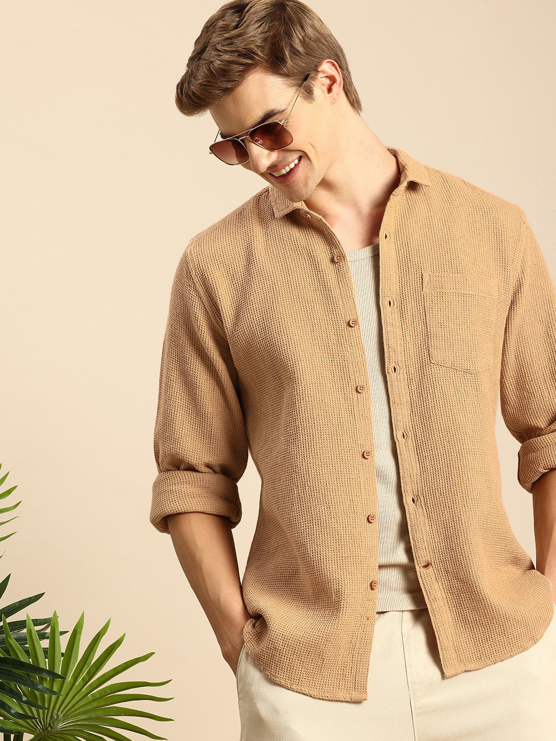 

Mast & Harbour Men Slim Fit Textured Casual Shirt, Khaki