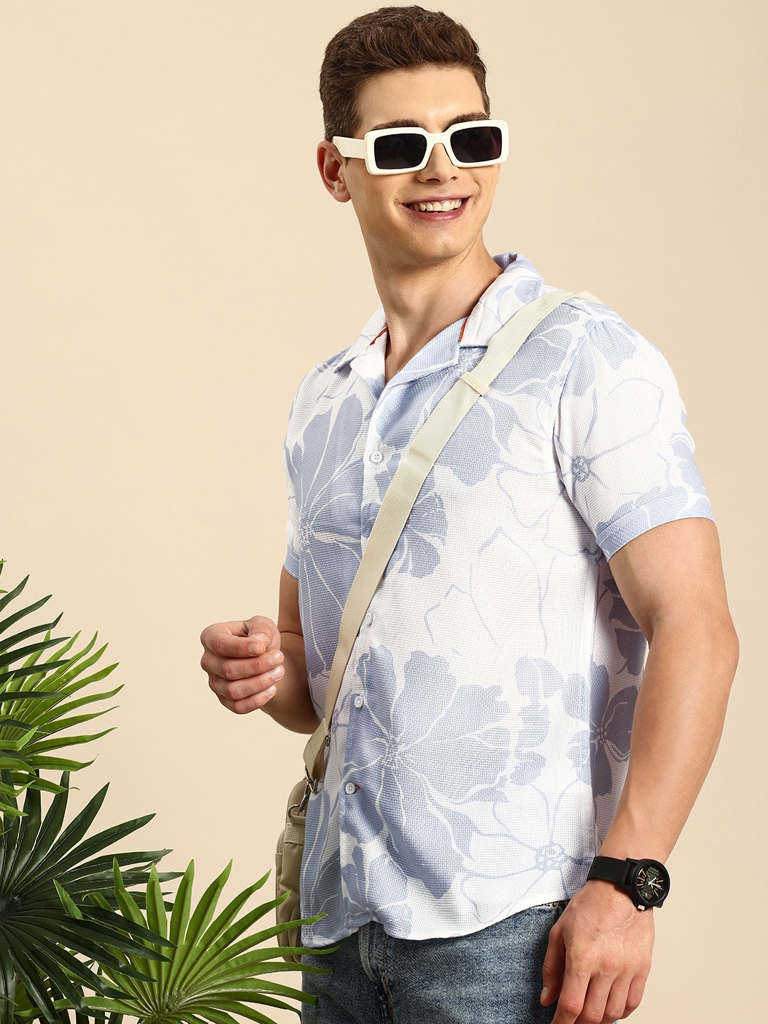

Mast & Harbour Men Slim Fit Floral Printed Cuban Collar Casual Shirt, Blue