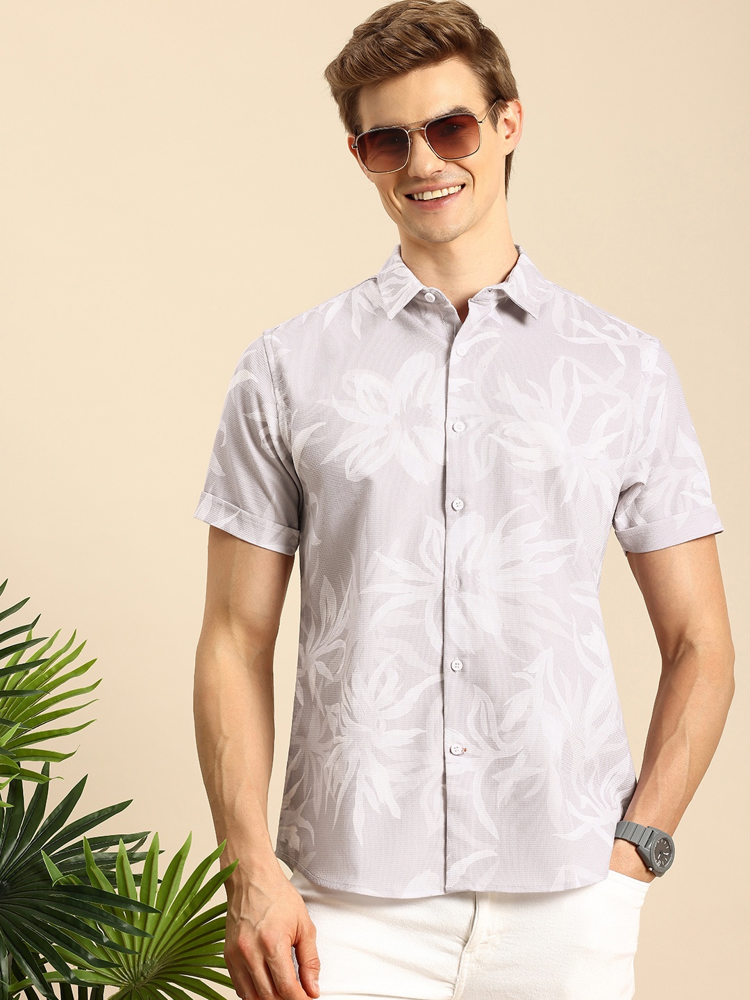 

Mast & Harbour Men Slim Fit Floral Printed Cuban Collar Casual Shirt, Grey