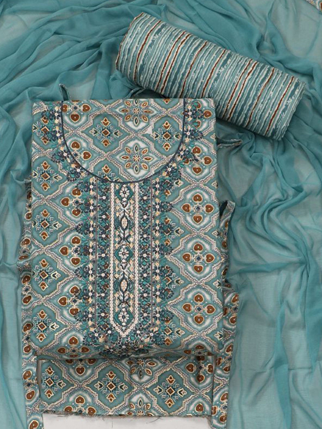 

ASISA Embroidered Pure Cotton Unstitched Dress Material, Turquoise blue