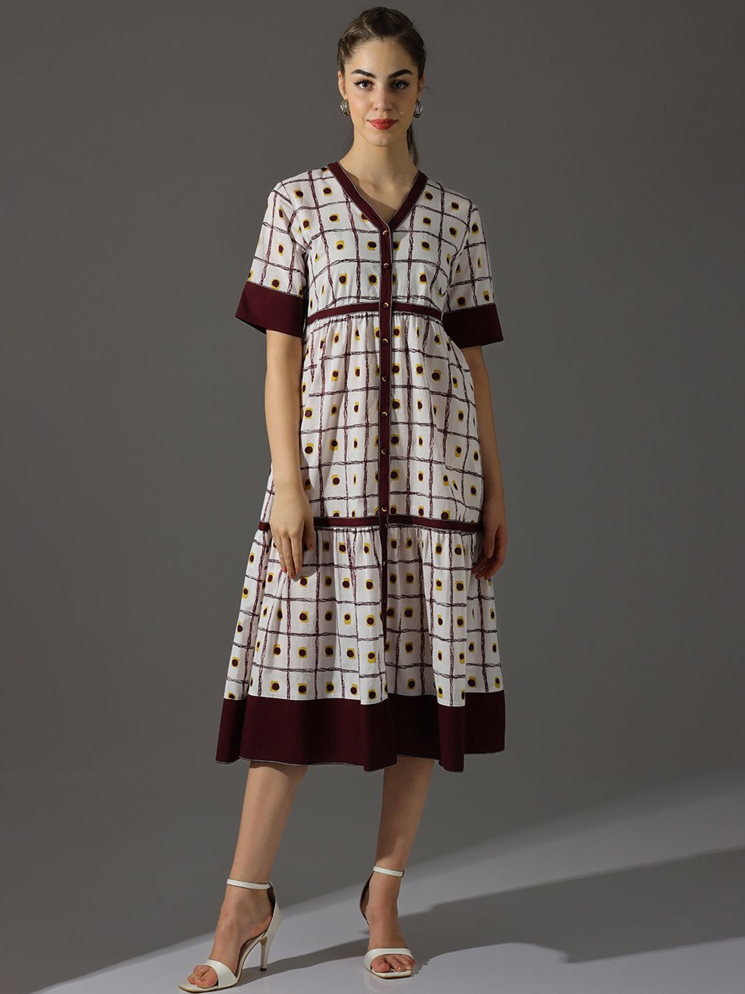

Dora Dori Abstract Printed A-Line Pure Cotton V-Neck Thread Work Maxi Dress, White