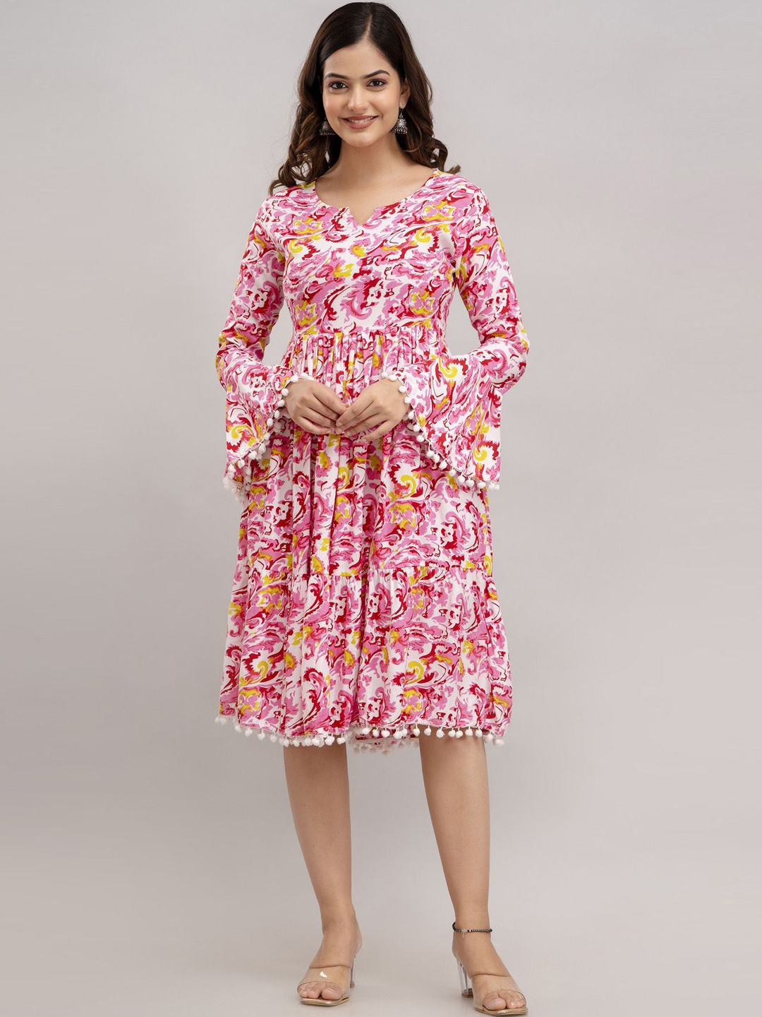 

SHOOLIN Floral Print Bell Sleeve with Pom-Pom Detail Fit & Flare Dress, Red