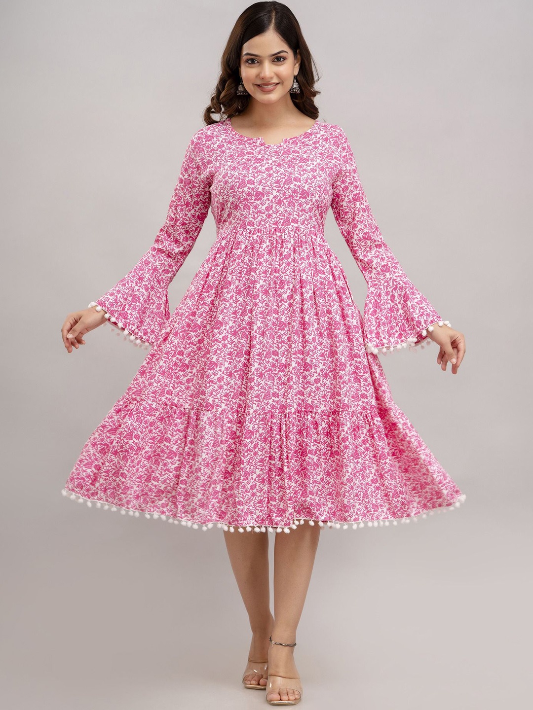 

SHOOLIN Floral Print Bell Sleeve with Pom-Pom Detail Fit & Flare Dress, Pink