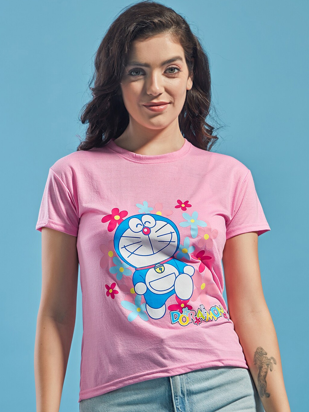 

STHULAS Women Doremon Graphic Printed Cotton T-shirt, Pink