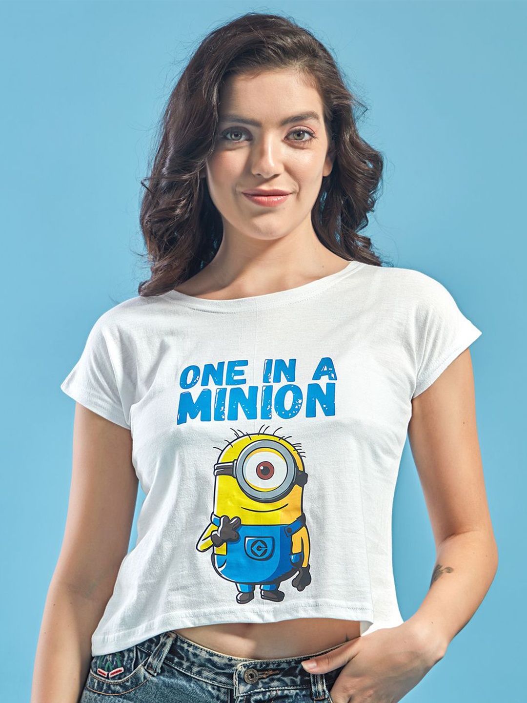 

STHULAS Women Typography Minions Printed Round Neck Crop T-shirt, White