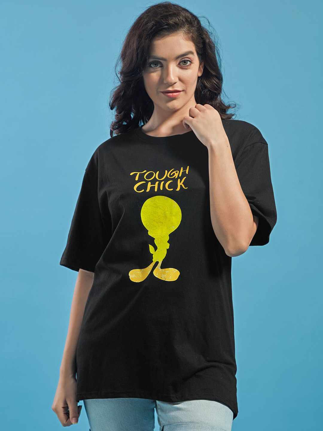 

STHULAS Women Round Neck Printed Cotton T-shirt, Black