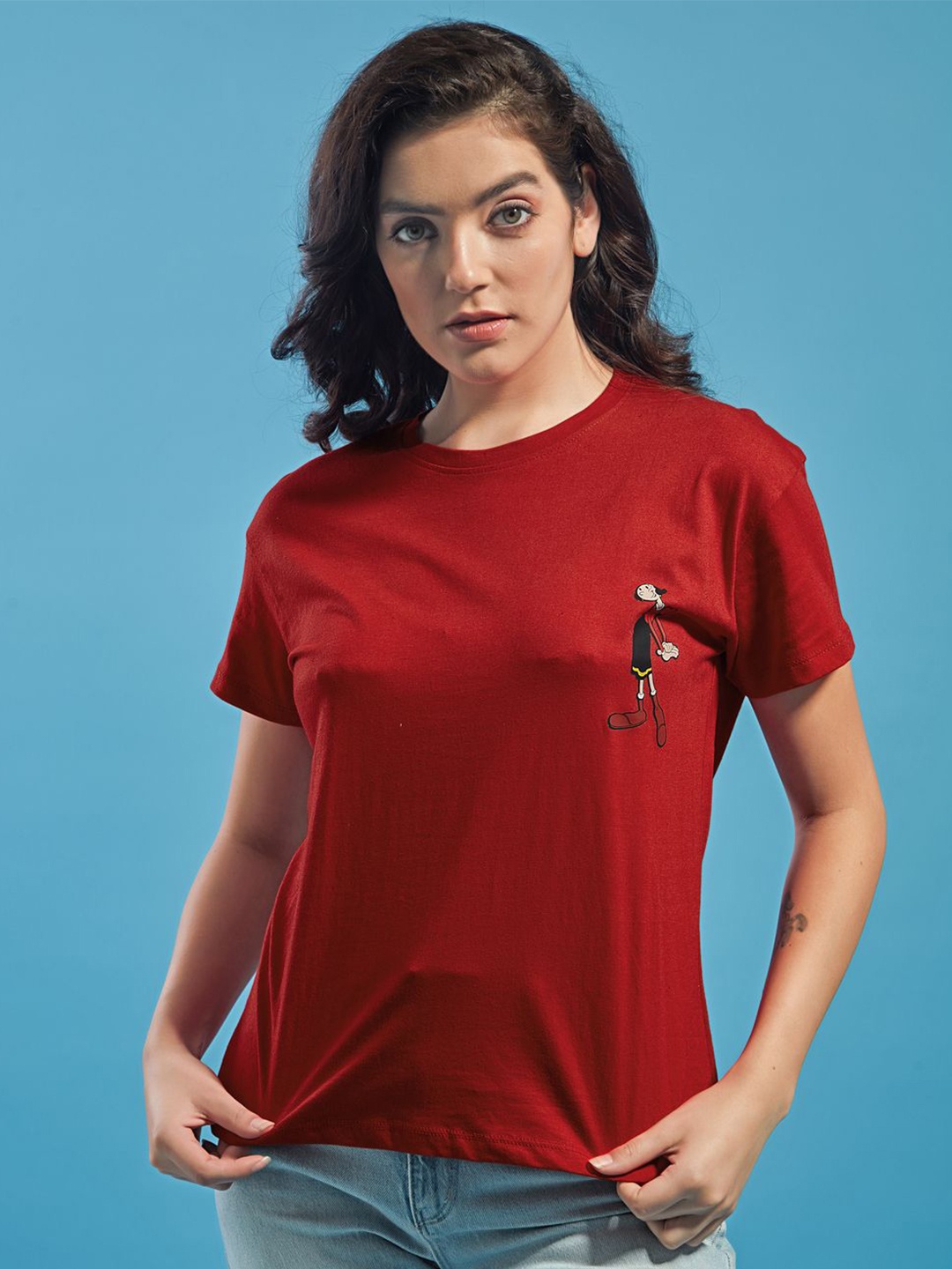 

STHULAS Women Round Neck Printed Cotton T-shirt, Red