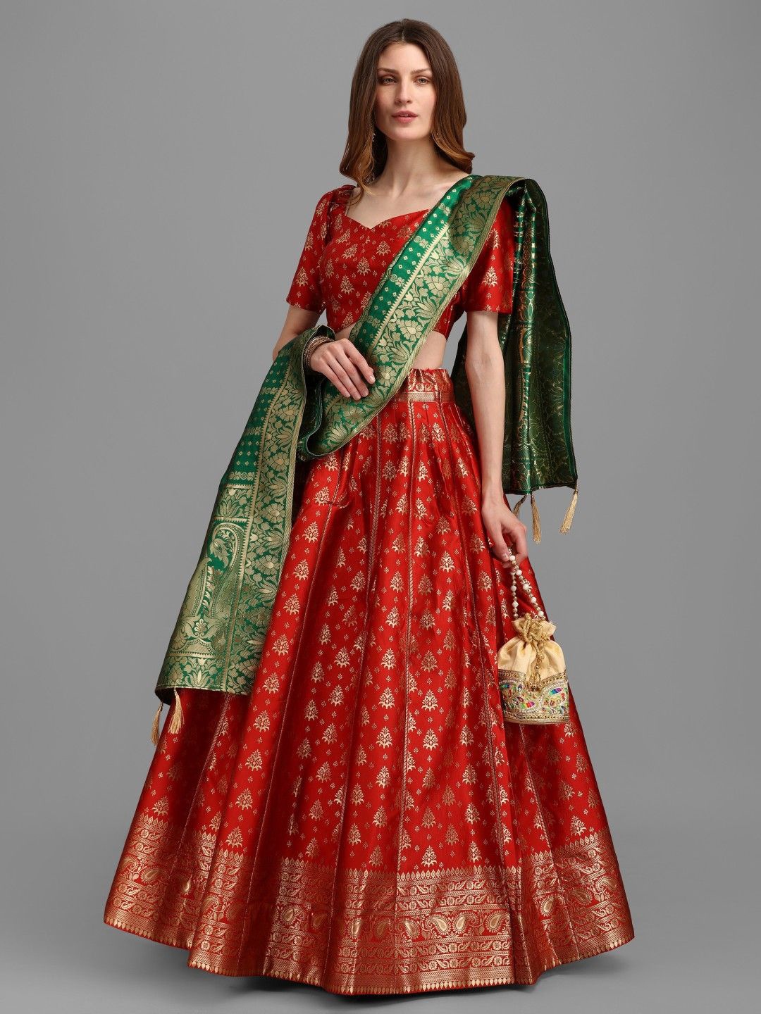 

KALINI Semi-Stitched Lehenga & Unstitched Blouse With Dupatta, Red