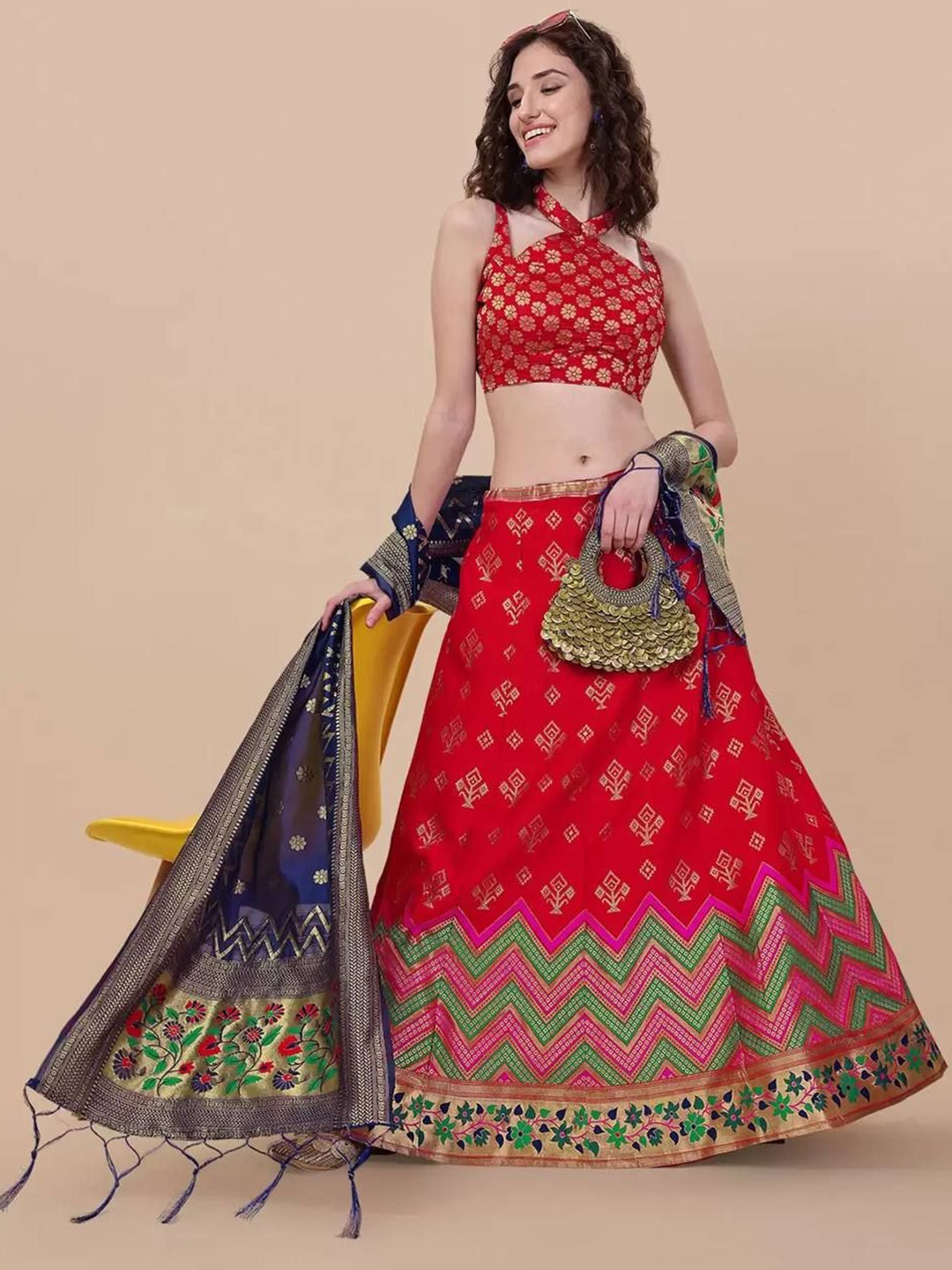

KALINI Semi-Stitched Lehenga & Unstitched Blouse With Dupatta, Red
