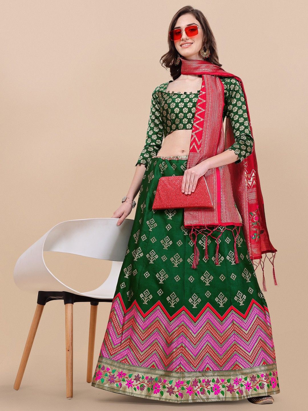 

KALINI Semi-Stitched Lehenga & Unstitched Blouse With Dupatta, Green