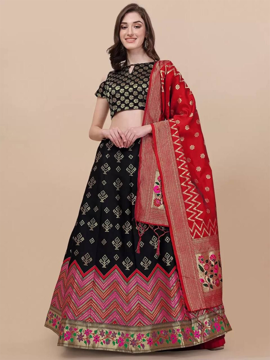 

KALINI Semi-Stitched Lehenga & Unstitched Blouse With Dupatta, Black