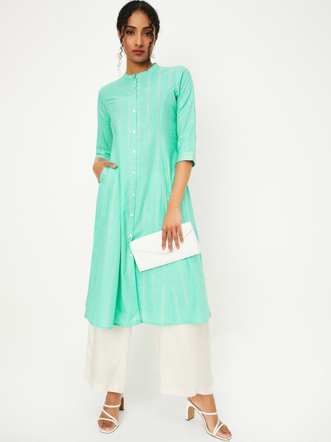 

max Women Band Collar Woven Design A-Line Kurtas With Front Slit, Sea green