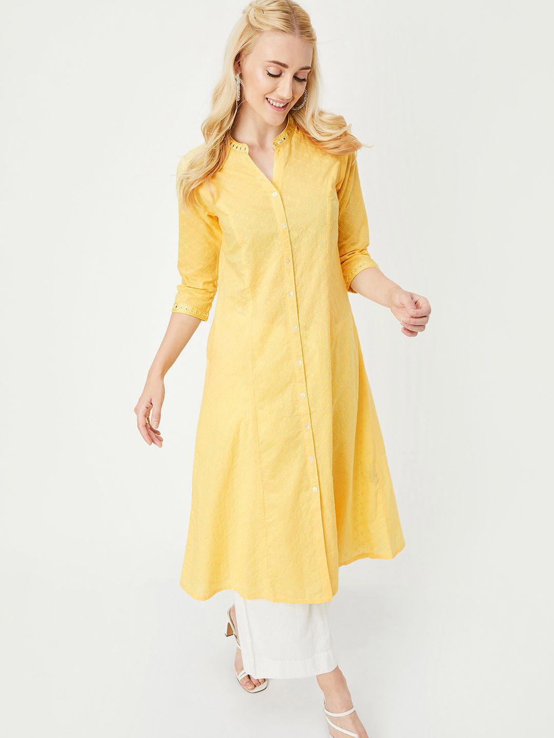 

max Women Embroidered Kurta, Yellow