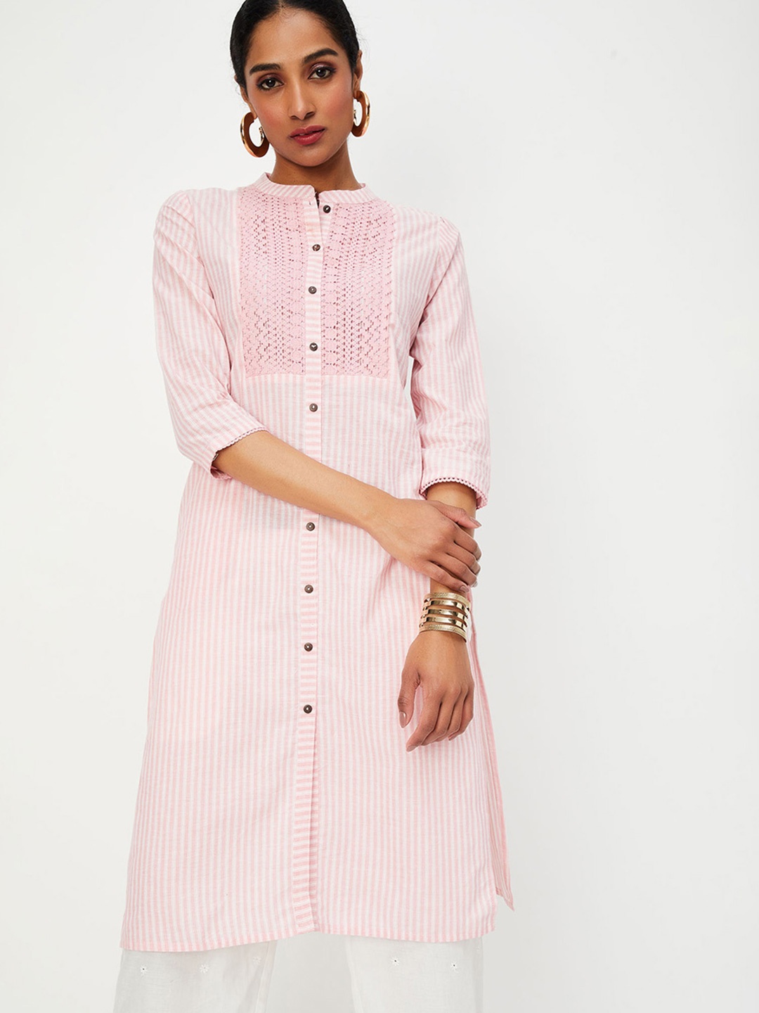 

max Striped Mandarin Collar Zari Pure Cotton Kurta, Pink