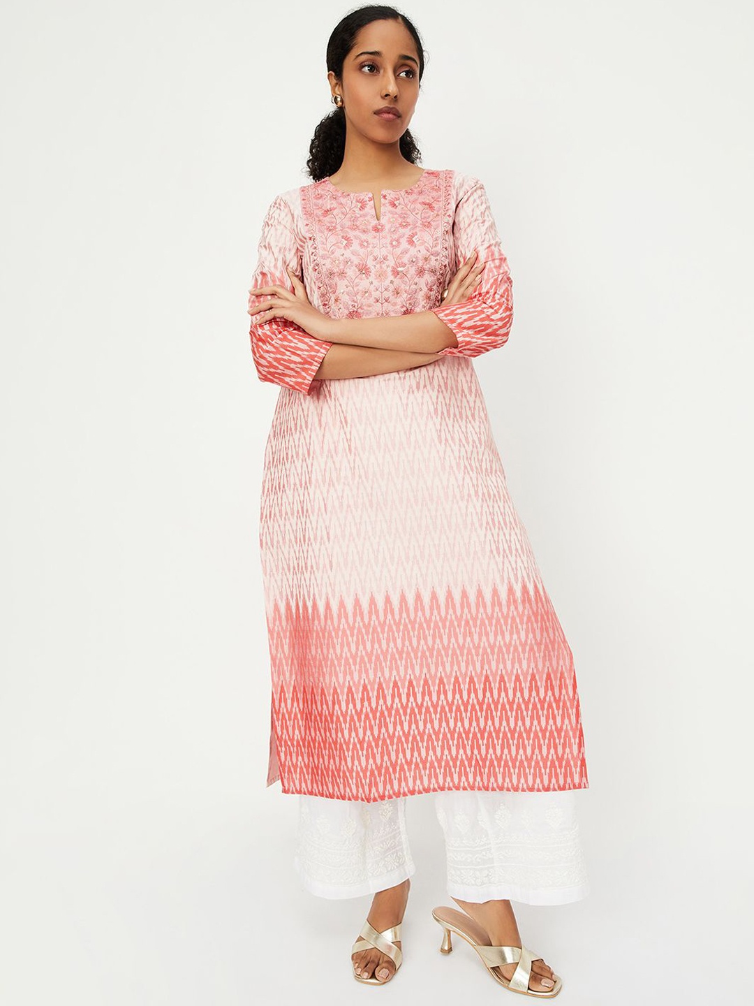 

max Women Embroidered Chevron Printed Kurta, Pink