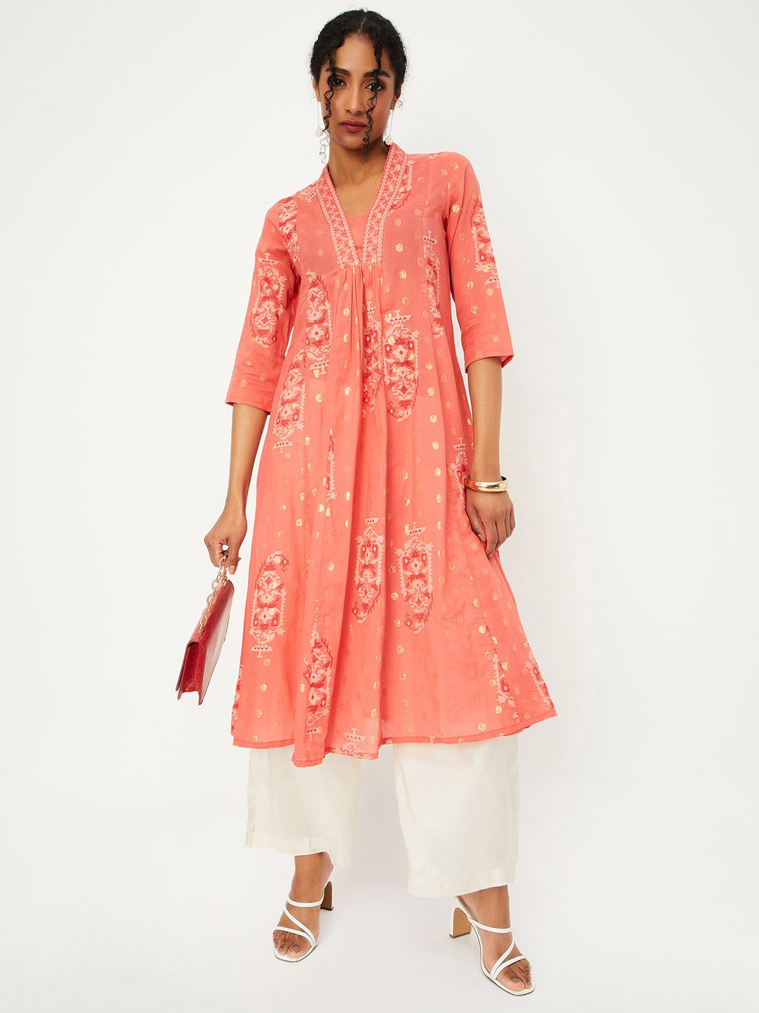 

max Geometric Printed V-Neck Panelled Anarkali Zari Kurta, Orange