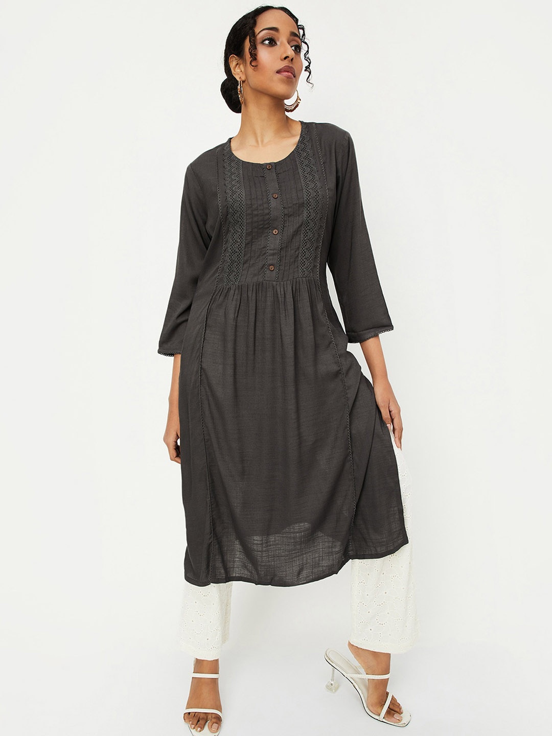

max Women Flared Sleeves Thread Work Anarkali Kurta, Grey