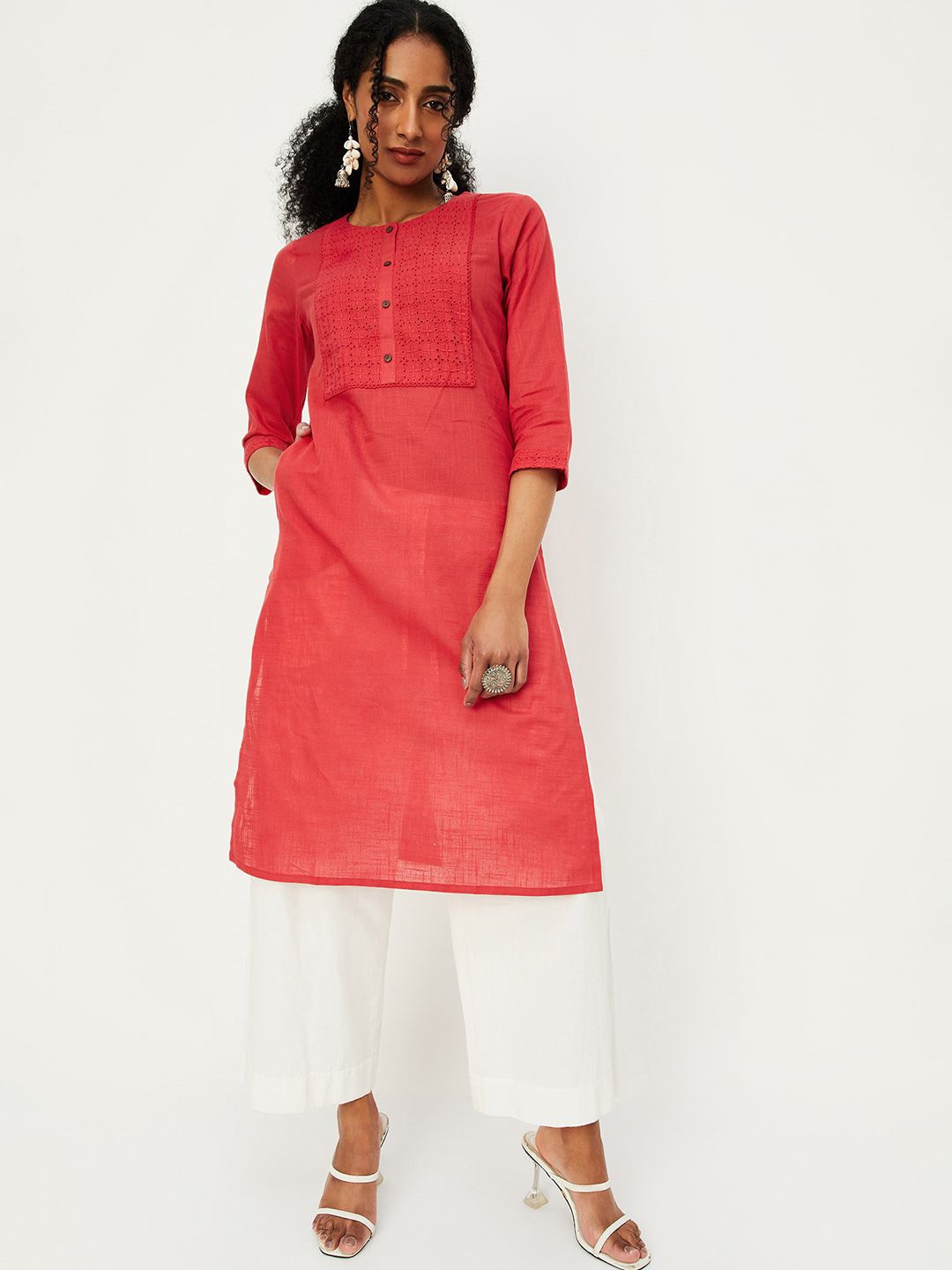 

max Women Floral Thread Work Kurta, Red