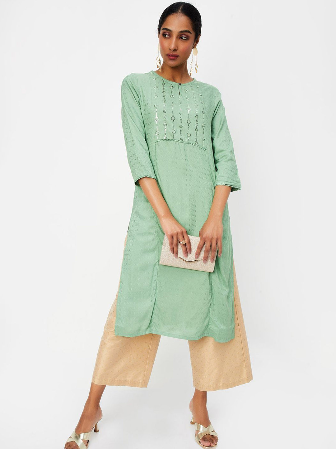 

max Women Striped Kurta, Green