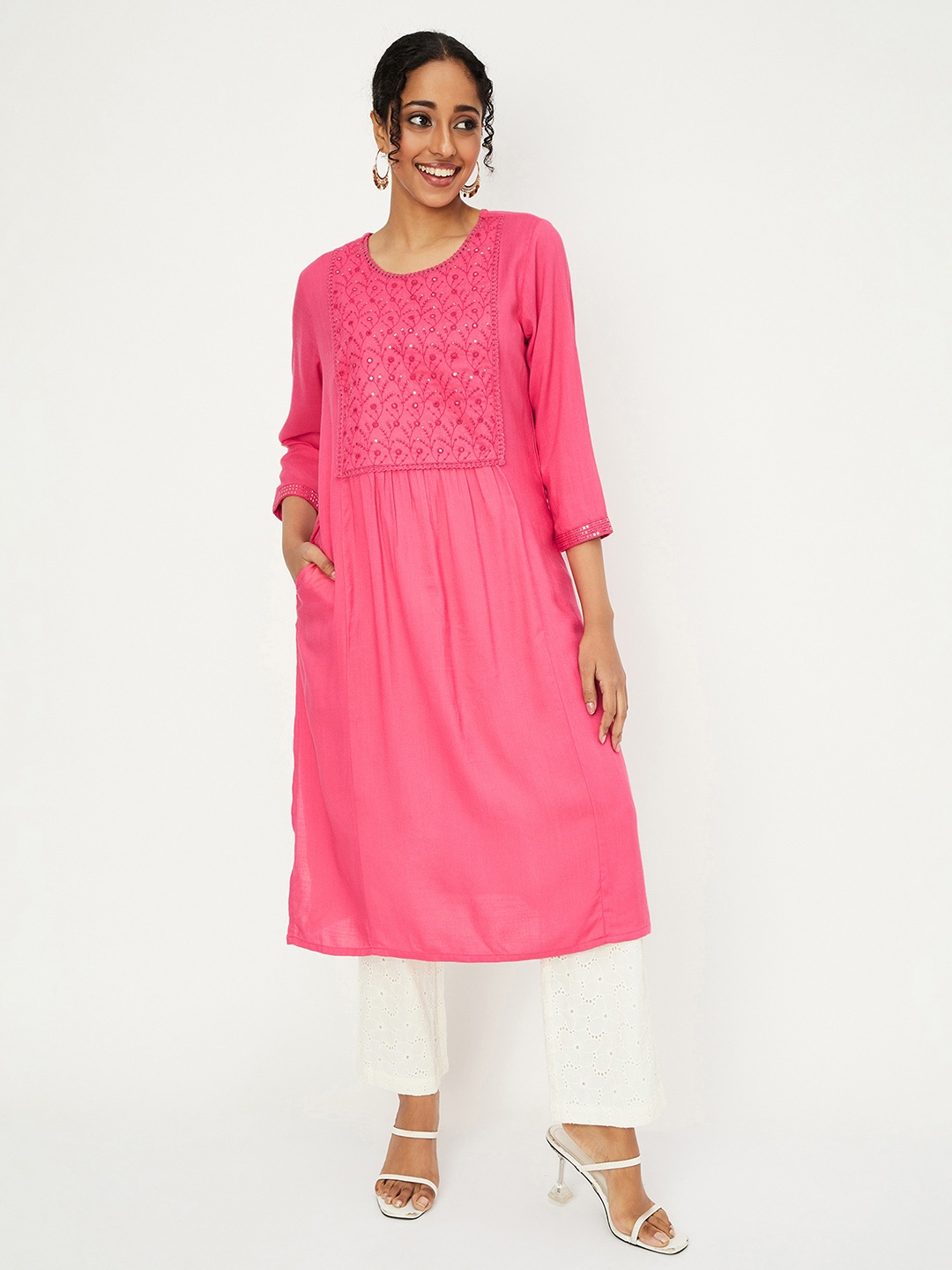 

max Floral Yoke Design Thread Work Pleated A-Line Kurta, Pink