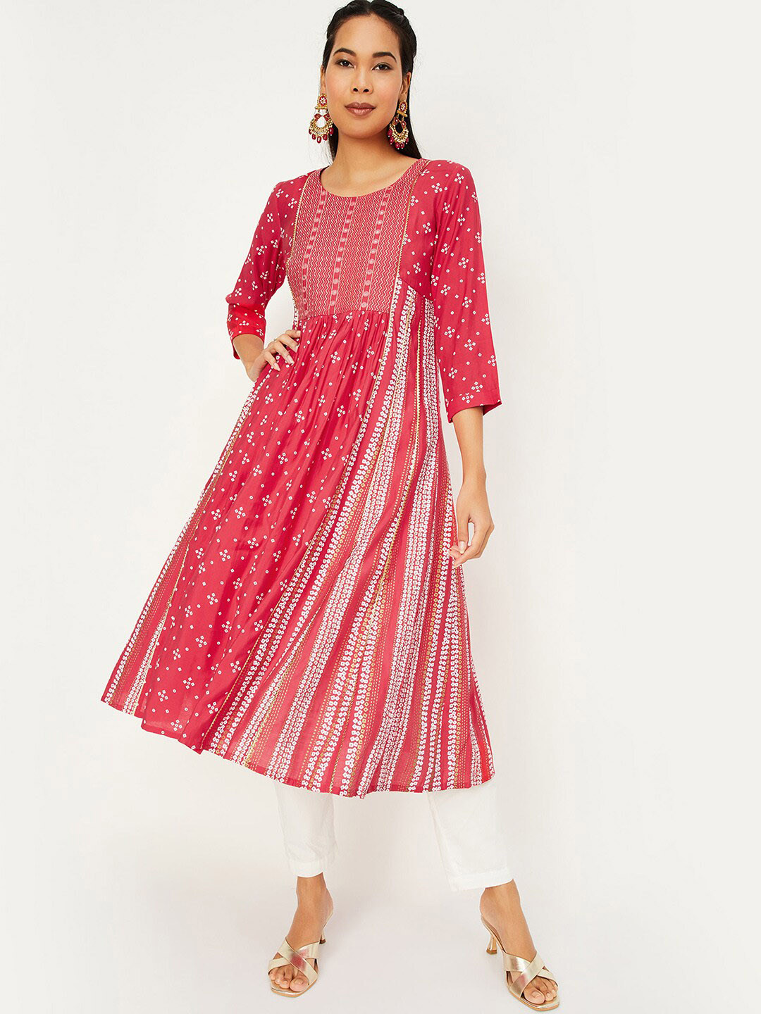 

max Women Printed Flared Sleeves Mirror Work Anarkali Kurta, Red