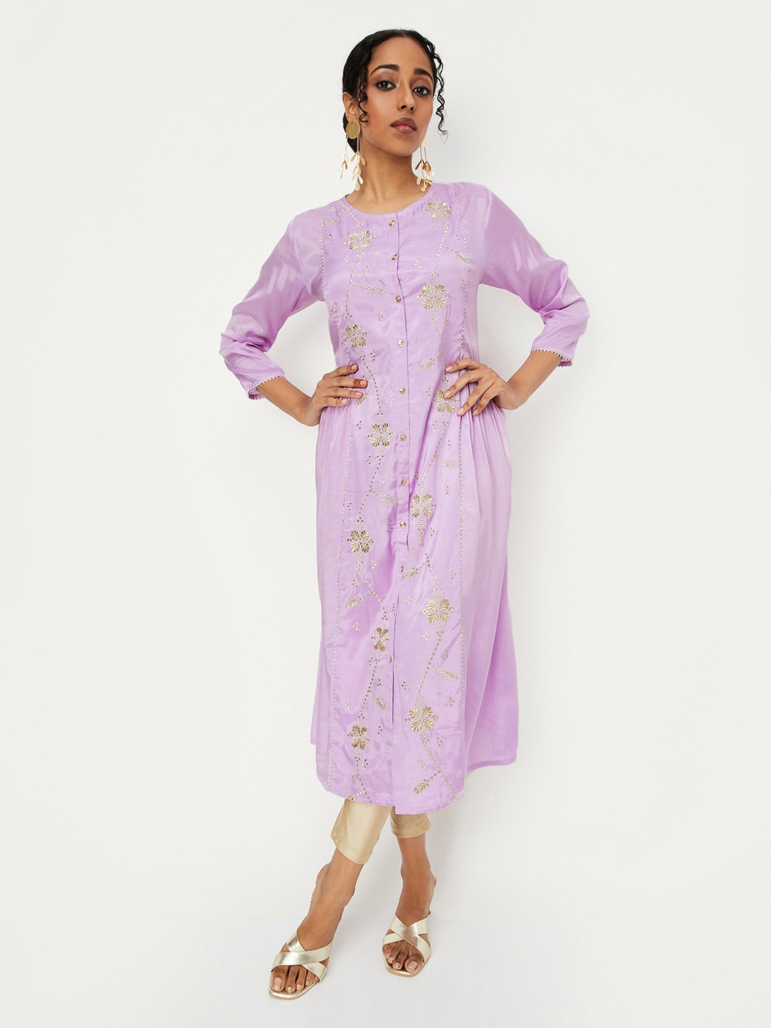 

max Floral Embroidered Round Neck Thread Work Anarkali Pleated Kurta, Purple