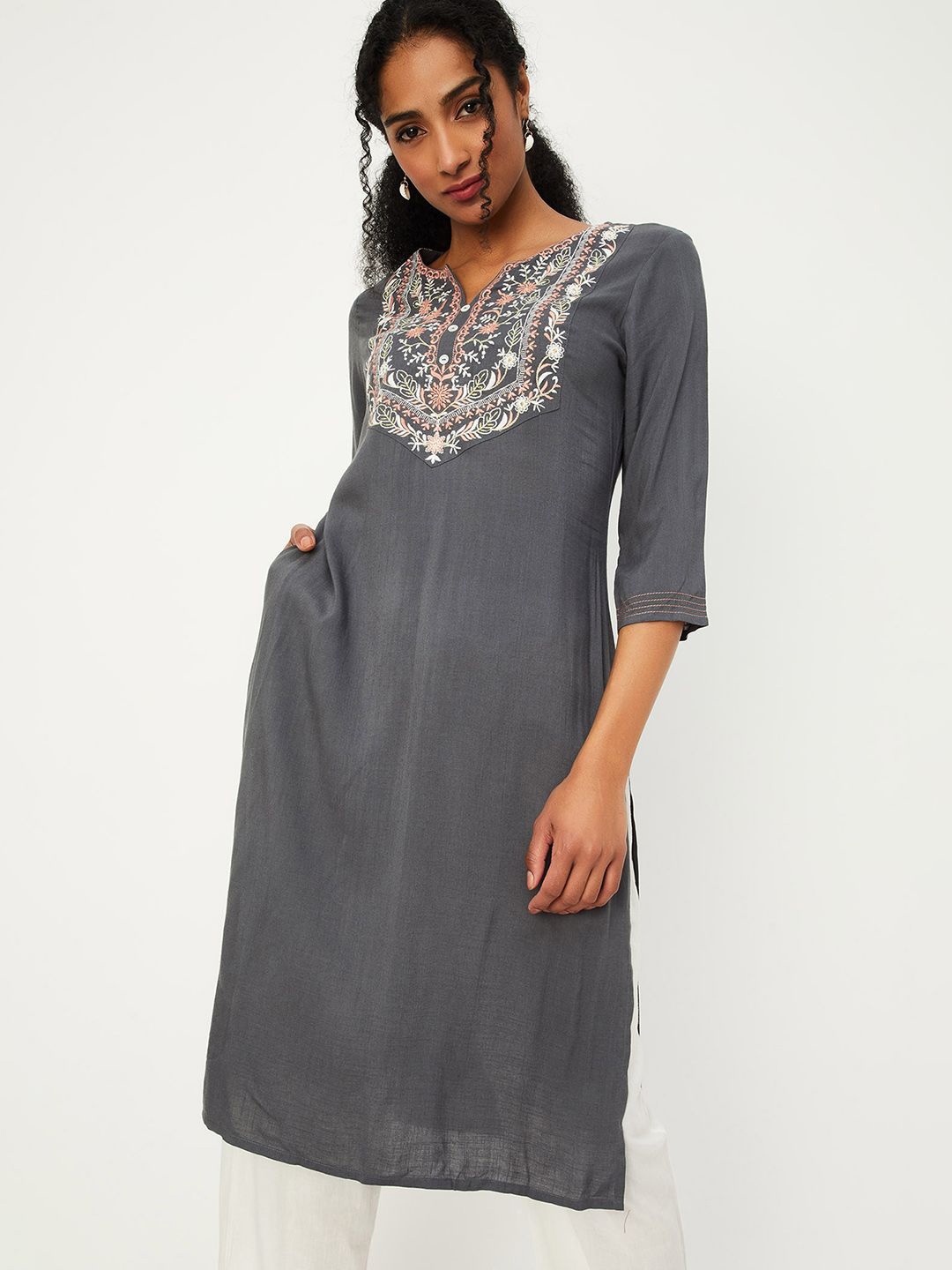

max Women Embroidered Thread Work Kurta, Grey