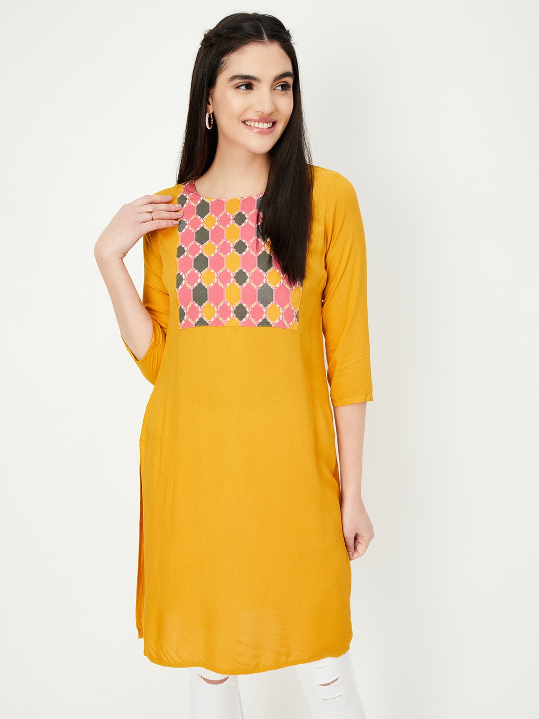 

max Women Geometric Flared Sleeves Mirror Work Kurta, Yellow