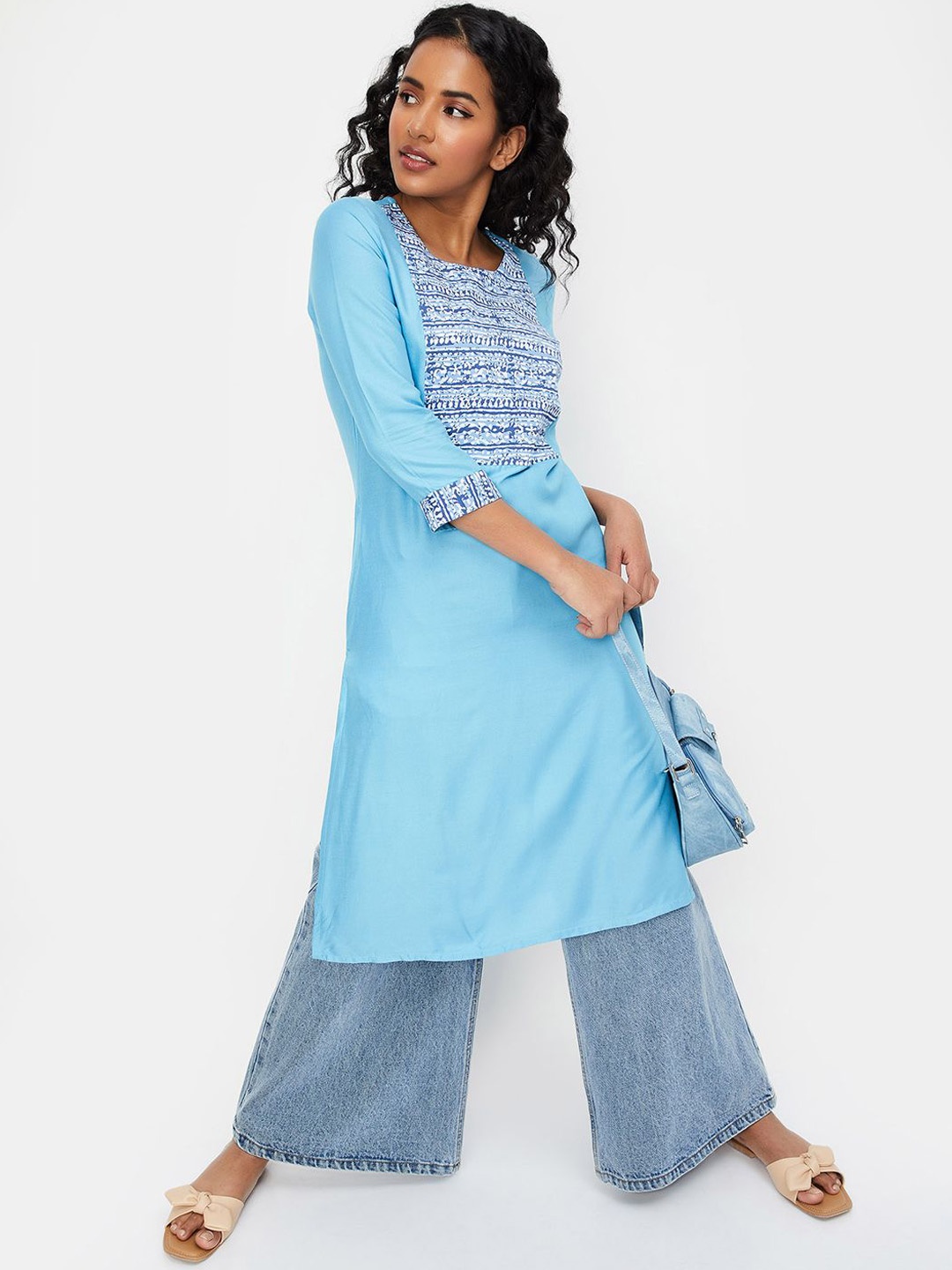 

max Women Floral Cold-Shoulder Sleeves Kurta, Blue