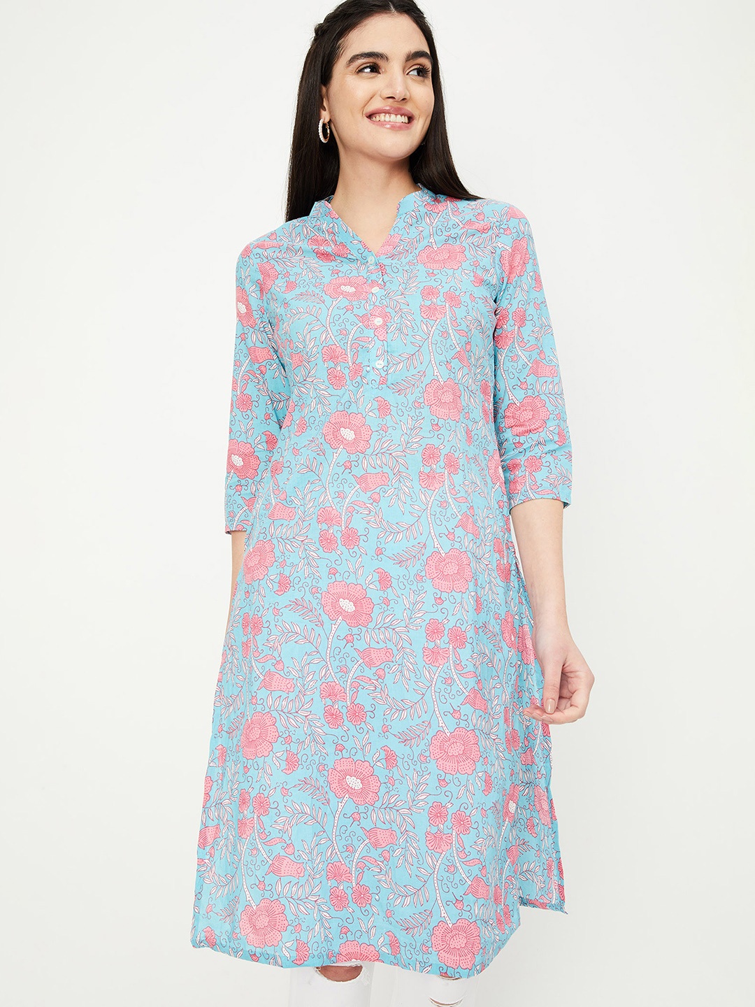 

max Floral Printed V-Neck Three-Quarter Sleeves Cotton Straight Kurta, Blue