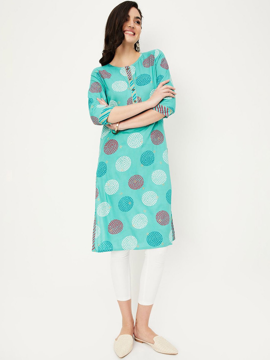 

max Women Geometric Printed Round Neck Gota Patti Work Kurta, Blue
