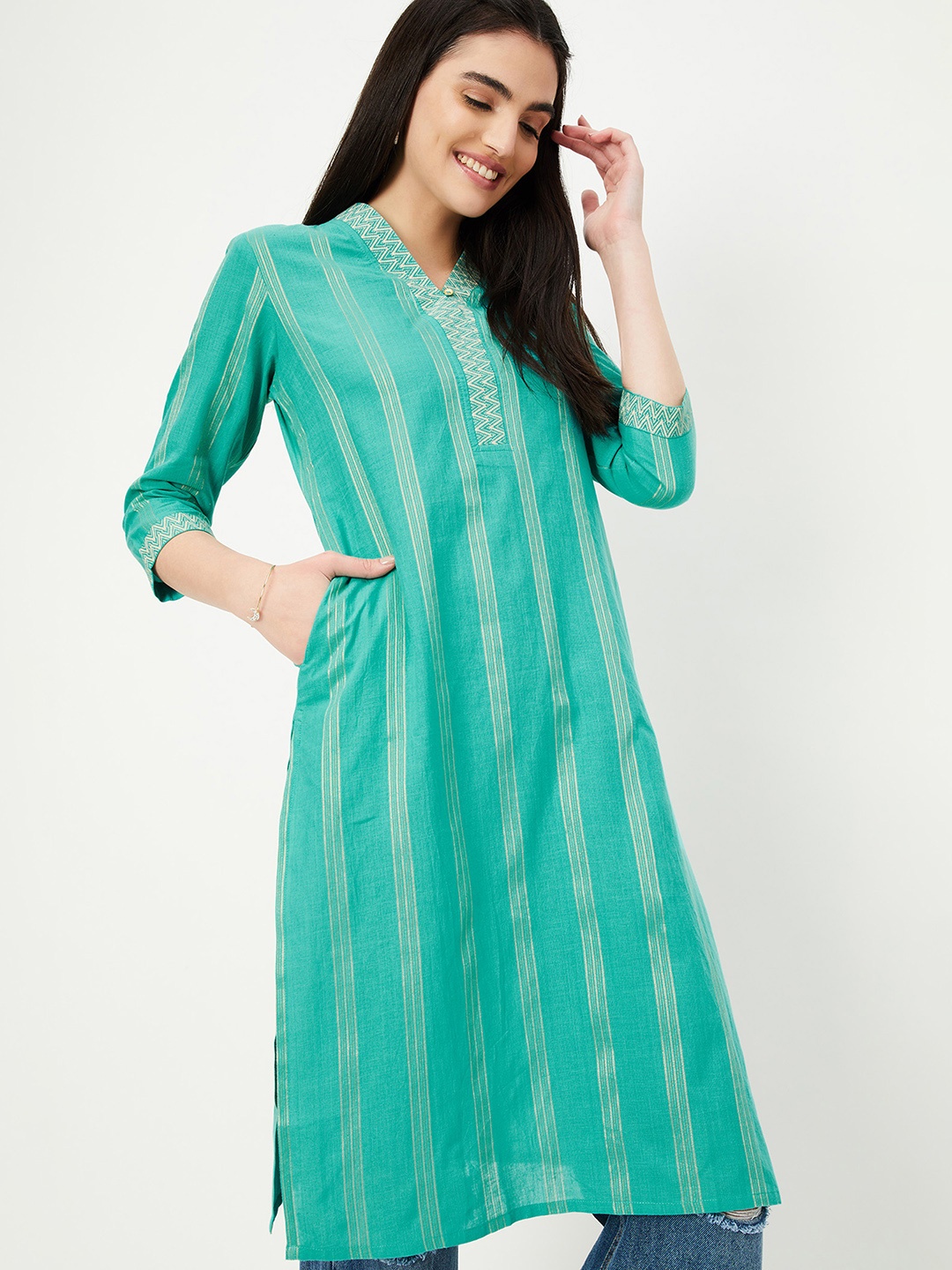 

max Striped V-Neck Three-Quarter Sleeves Zari Kurta, Blue