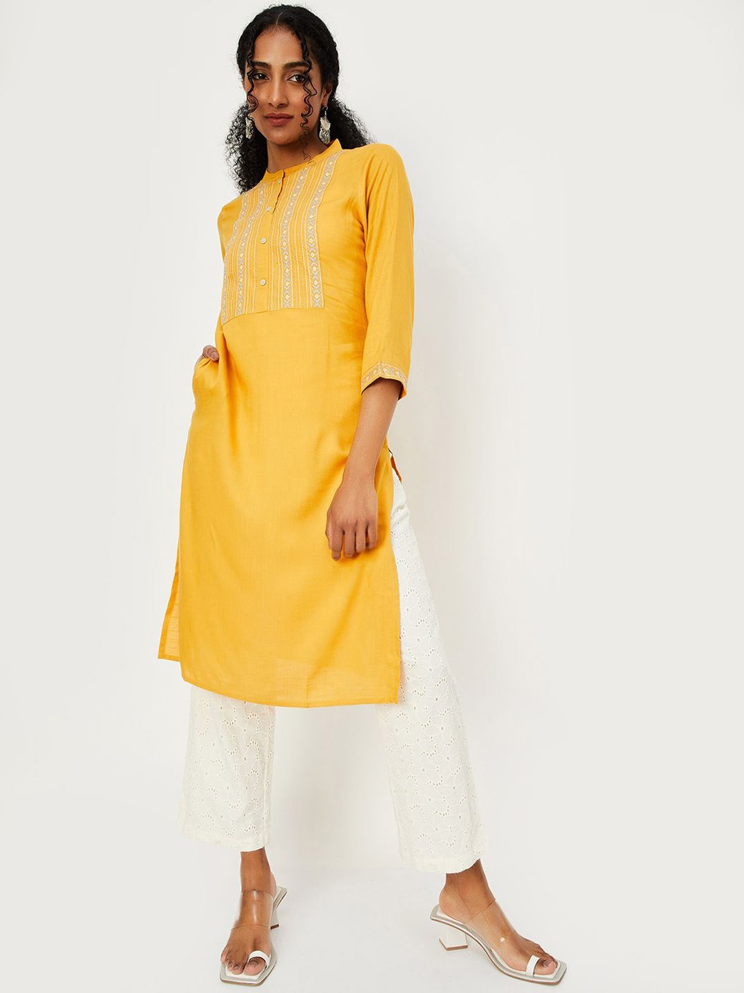 

max Women Embroidered Thread Work Kurta, Yellow