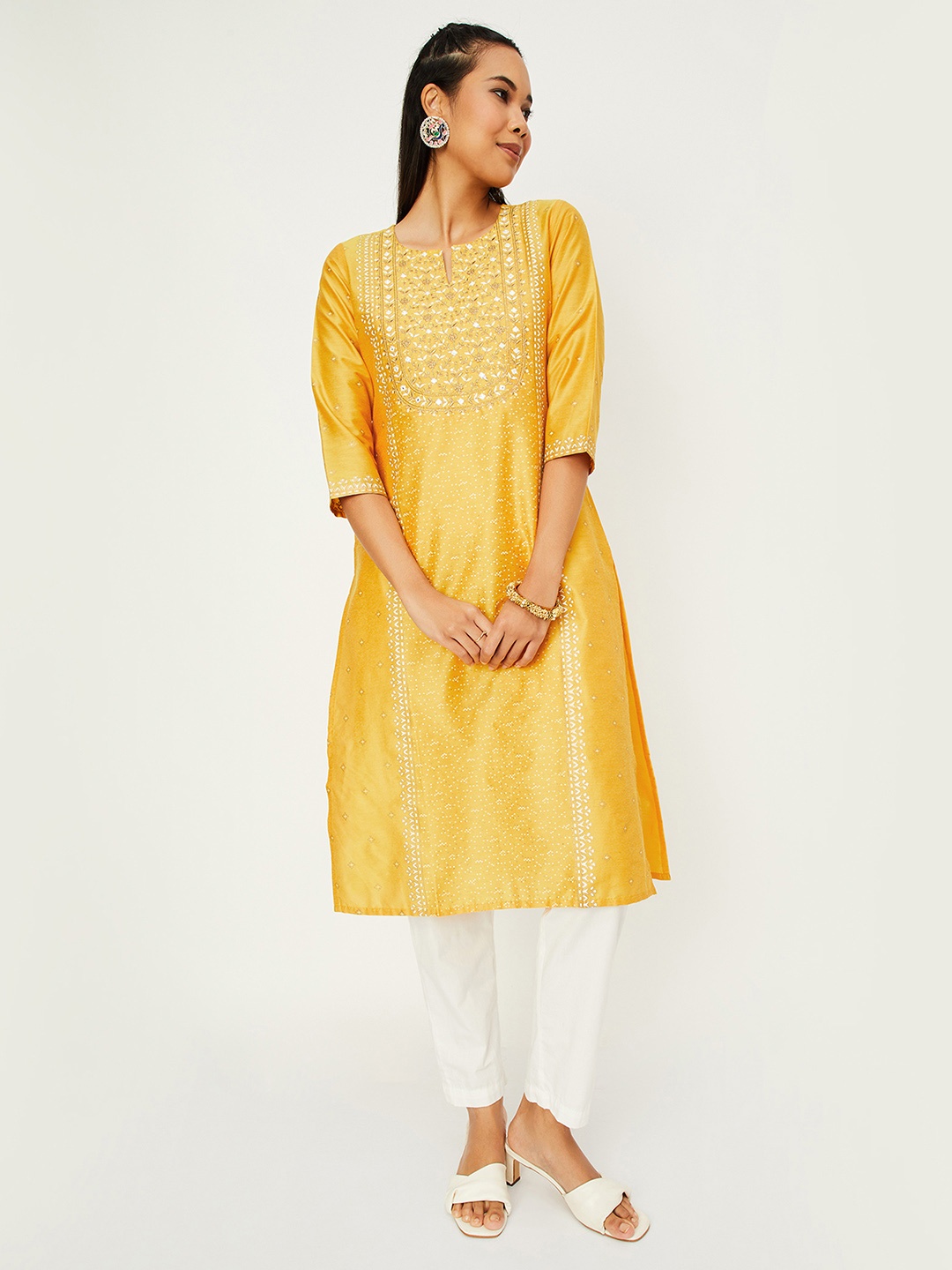 

max Women Geometric Embroidered Keyhole Neck Flared Sleeves Kurta, Yellow