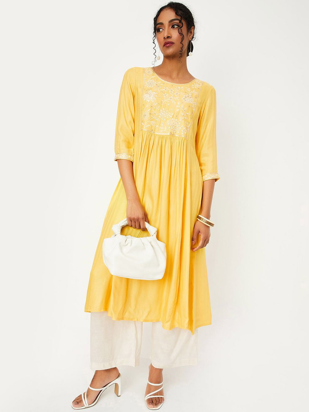 

max Women Floral Embroidered Flared Sleeves Thread Work Kurta, Yellow