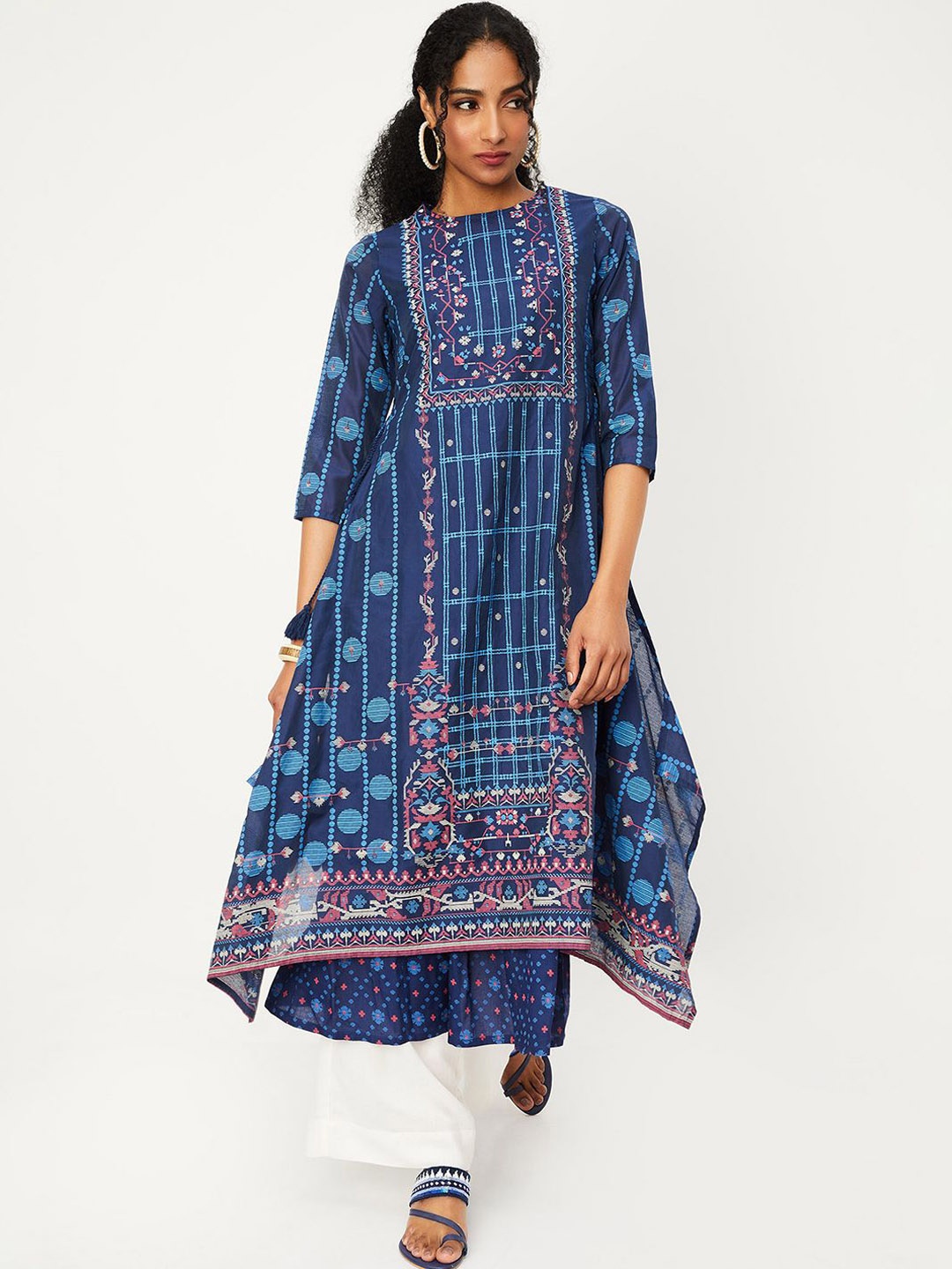 

max Women Round Neck Abstract Printed Anarkali shape with angrakha style Kurta, Navy blue