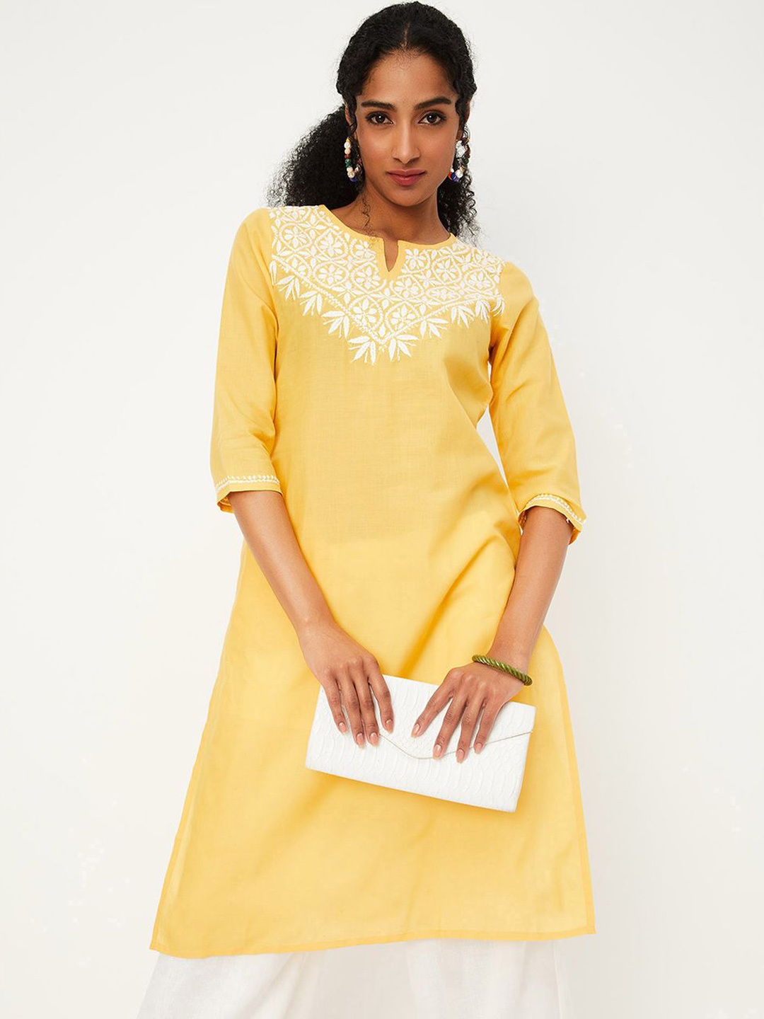 

max Women Geometric Embroidered Keyhole Neck Flared Sleeves Chikankari Anarkali Kurta, Yellow
