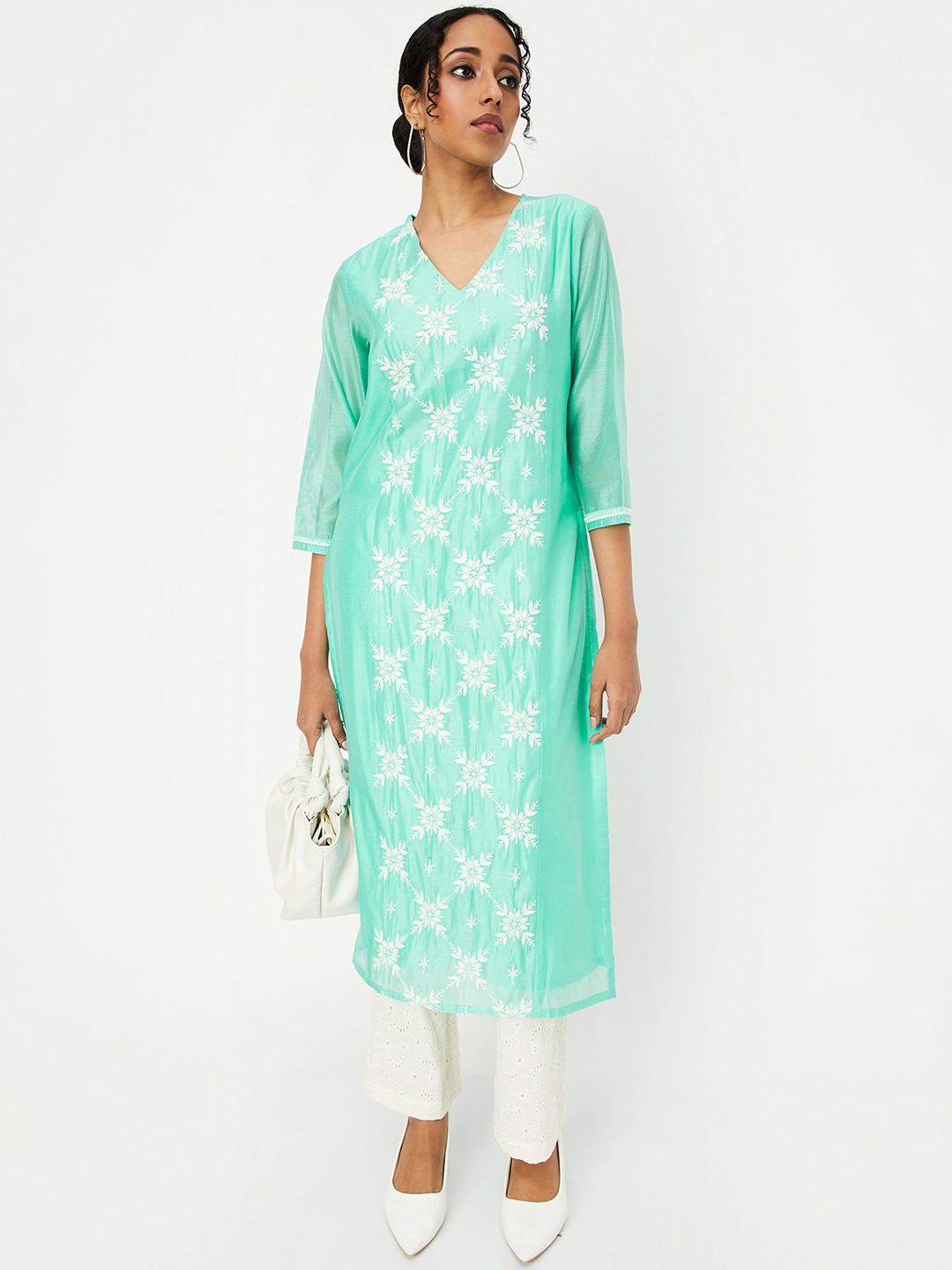 max Floral Embroidered V-Neck Thread Work Chanderi Kurta, Blue