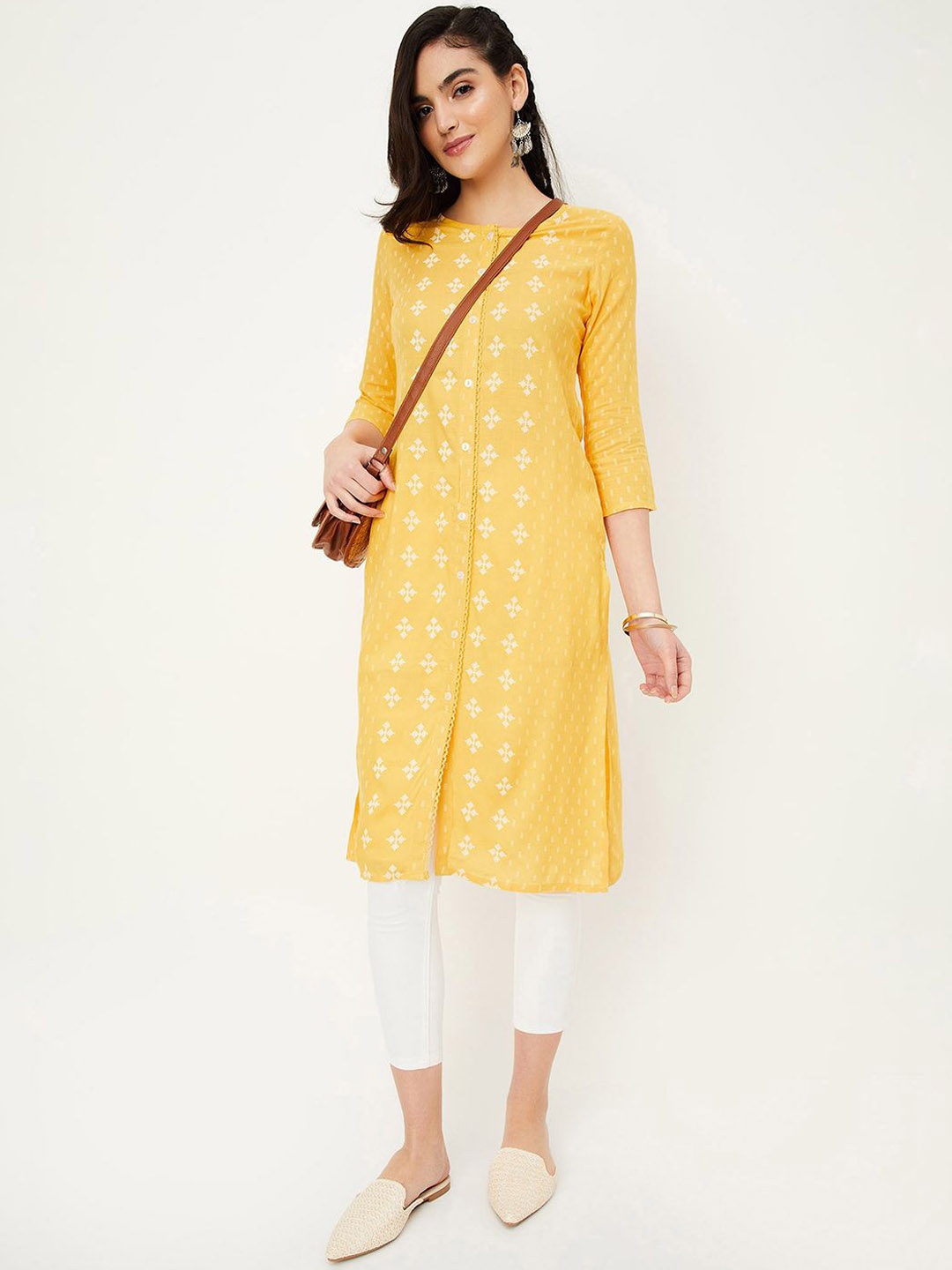 

max Women Geometric Checked Mirror Work Anarkali Kurta, Yellow