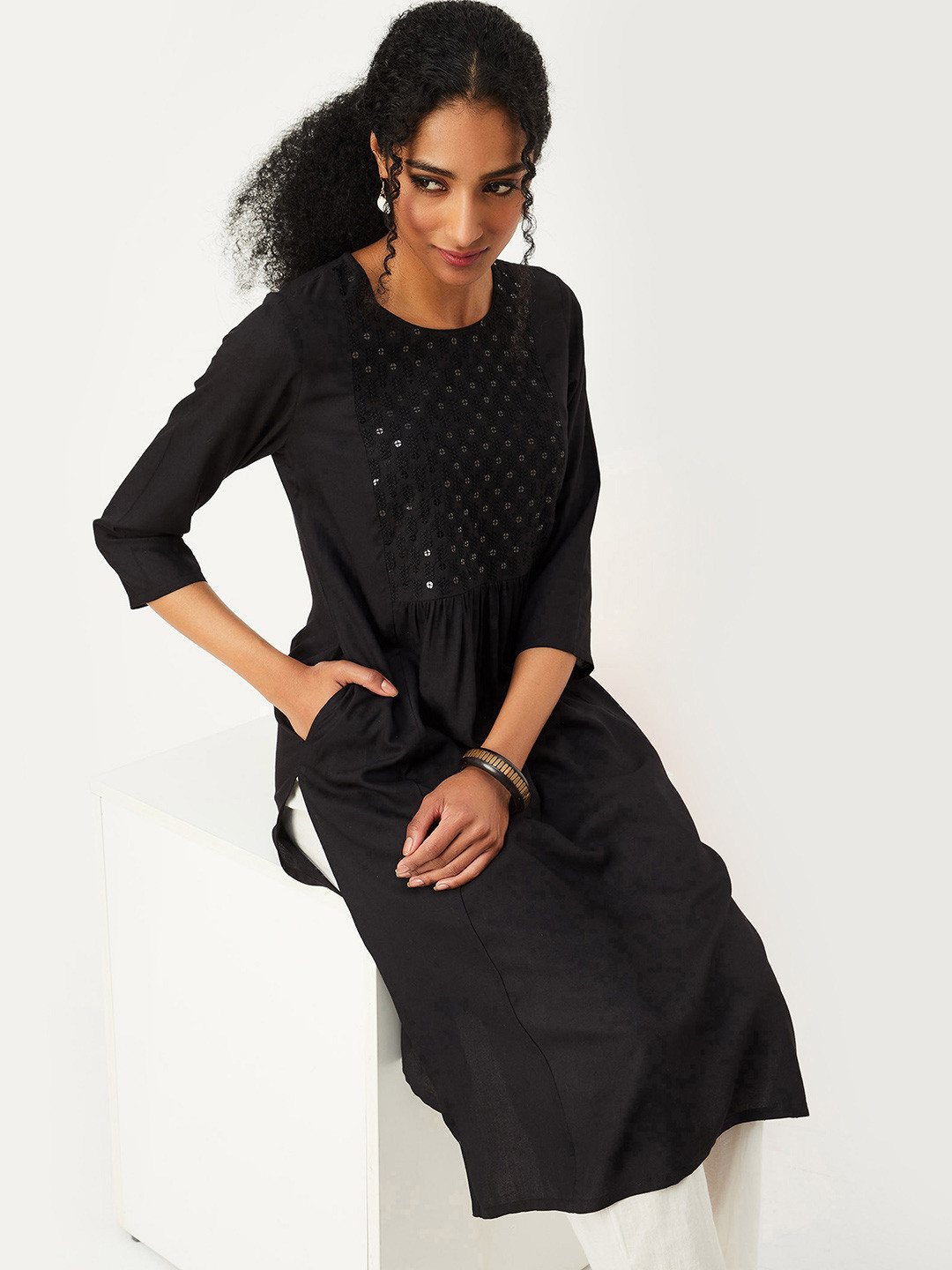 

max Floral Yoke Design Thread Work Pleated A-Line Kurta, Black
