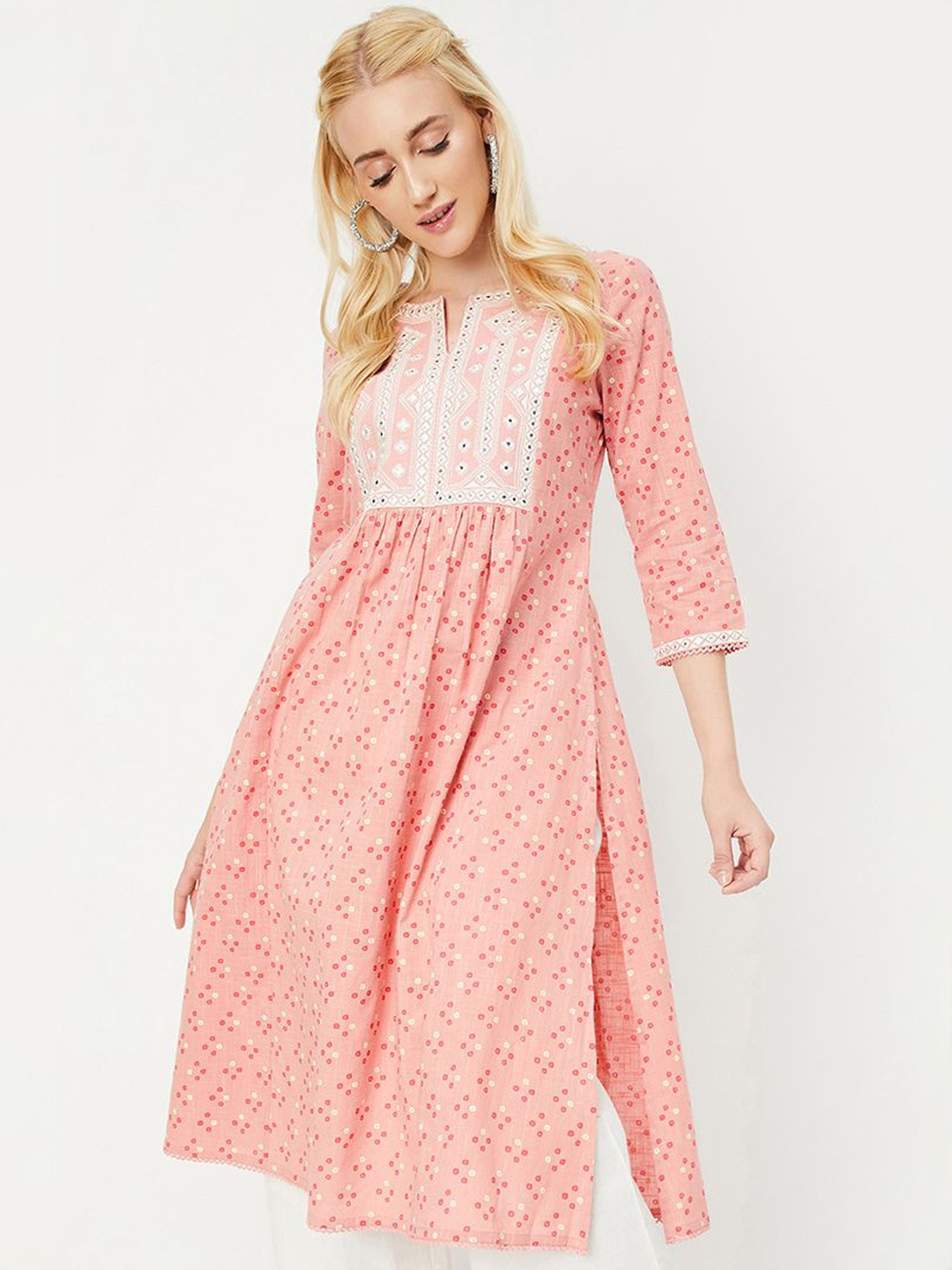 

max Women Floral Embroidered Thread Work Kurta, Pink