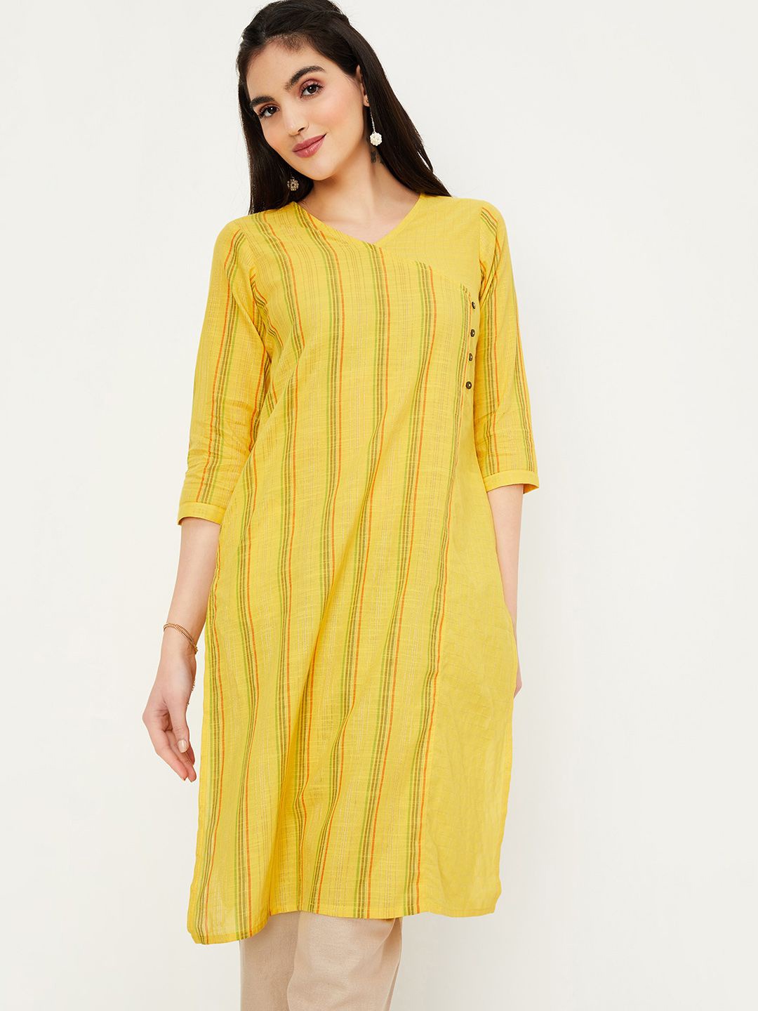 

max Women Round Neck Striped Three-Quarter Sleeves Straight Empire Kurta, Yellow