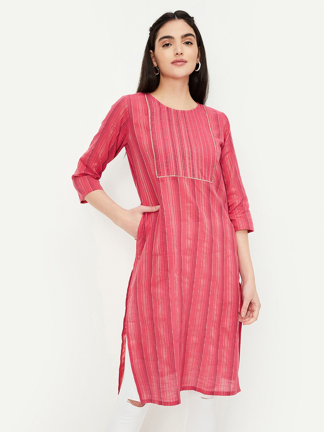 

max Women Striped Cold-Shoulder Sleeves Sequinned Anarkali Kurta, Pink